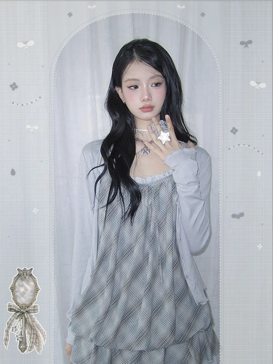 Dusty blue plaid and lace layered dress look by eddyplan