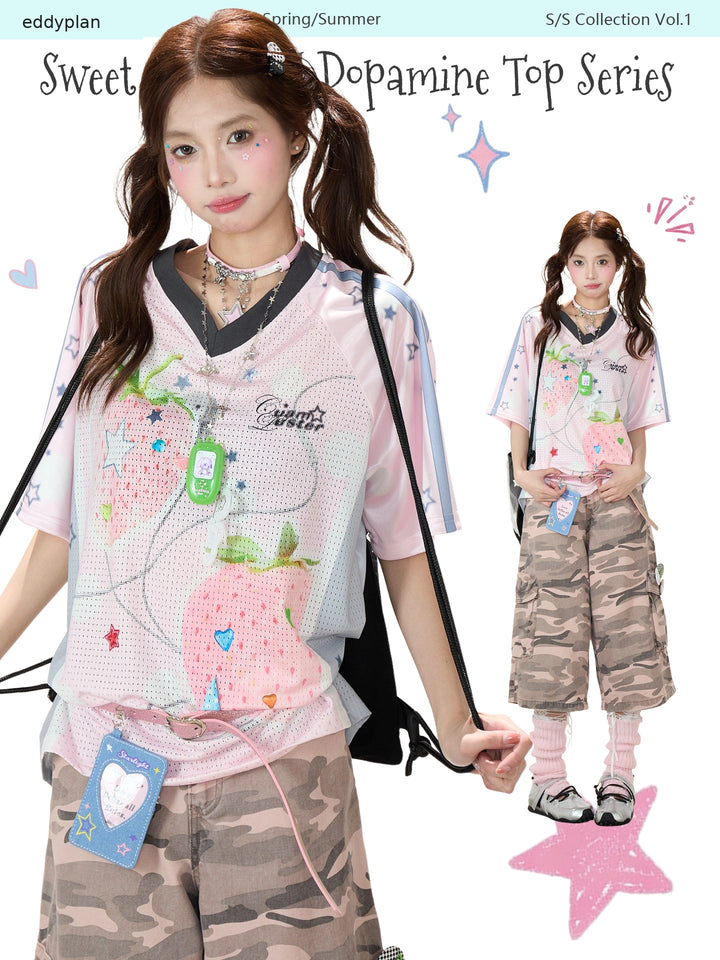 Original eddyplan outfit collage showing a pink angel-fruit mesh tee with pink camouflage cargo shorts.