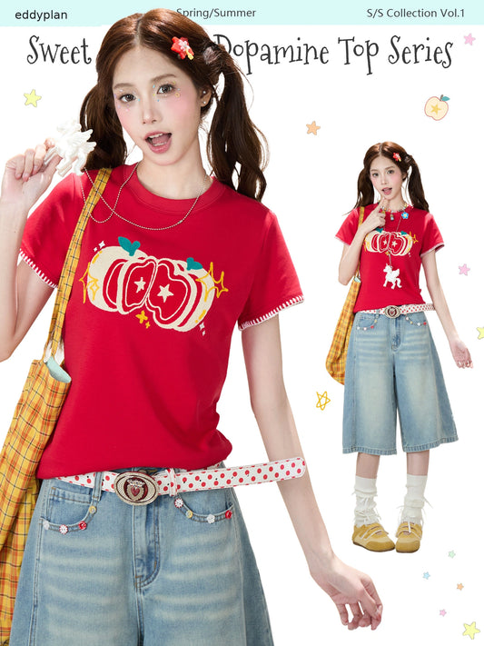 Apple Star Graphic Baby Tee & Denim Bermuda Pants