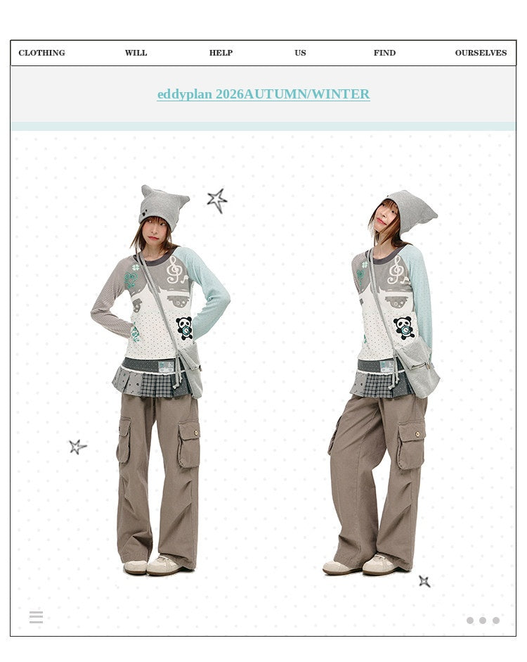 Mint Polka Dot Contrast-Sleeve Graphic Long Sleeve Top
