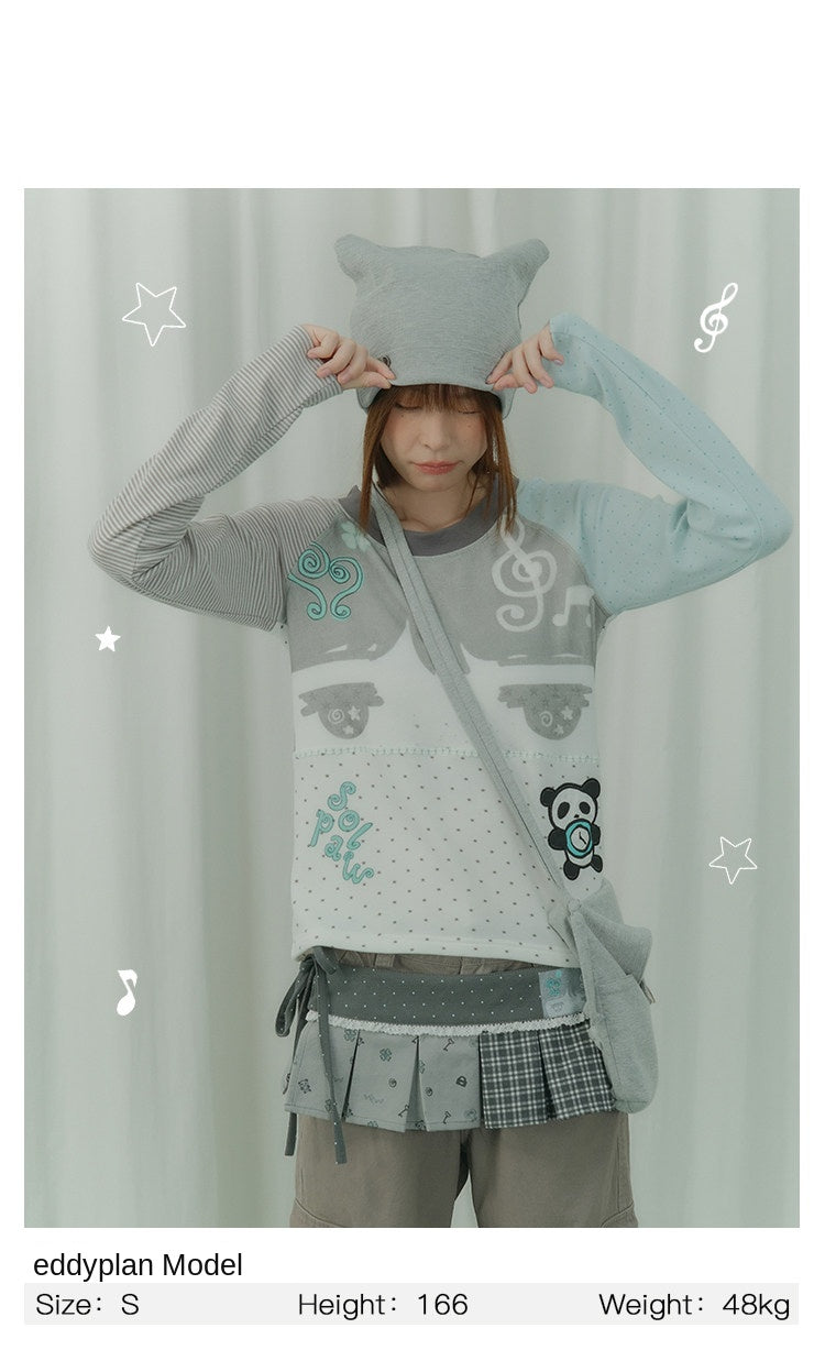 Mint Polka Dot Contrast-Sleeve Graphic Long Sleeve Top