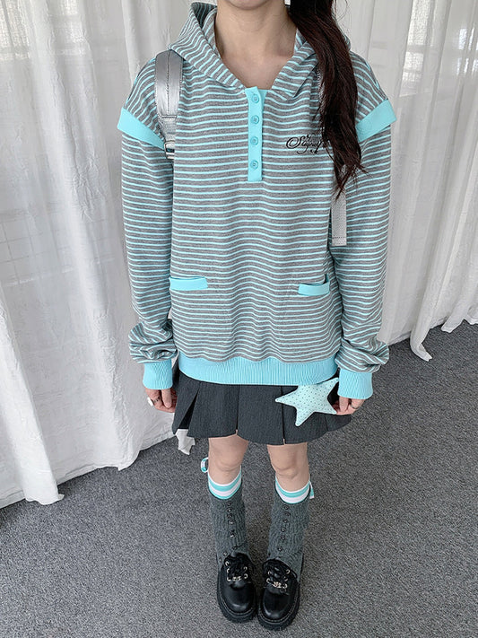 Striped Half-Placket Hooded Pullover