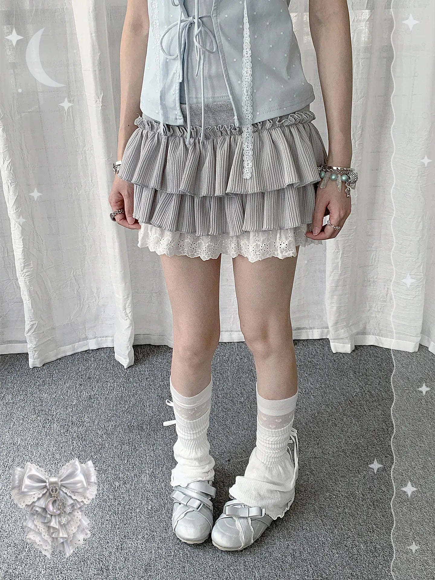 Silver-Gray Ballet Tiered Ruffle Lace Mini Skirt