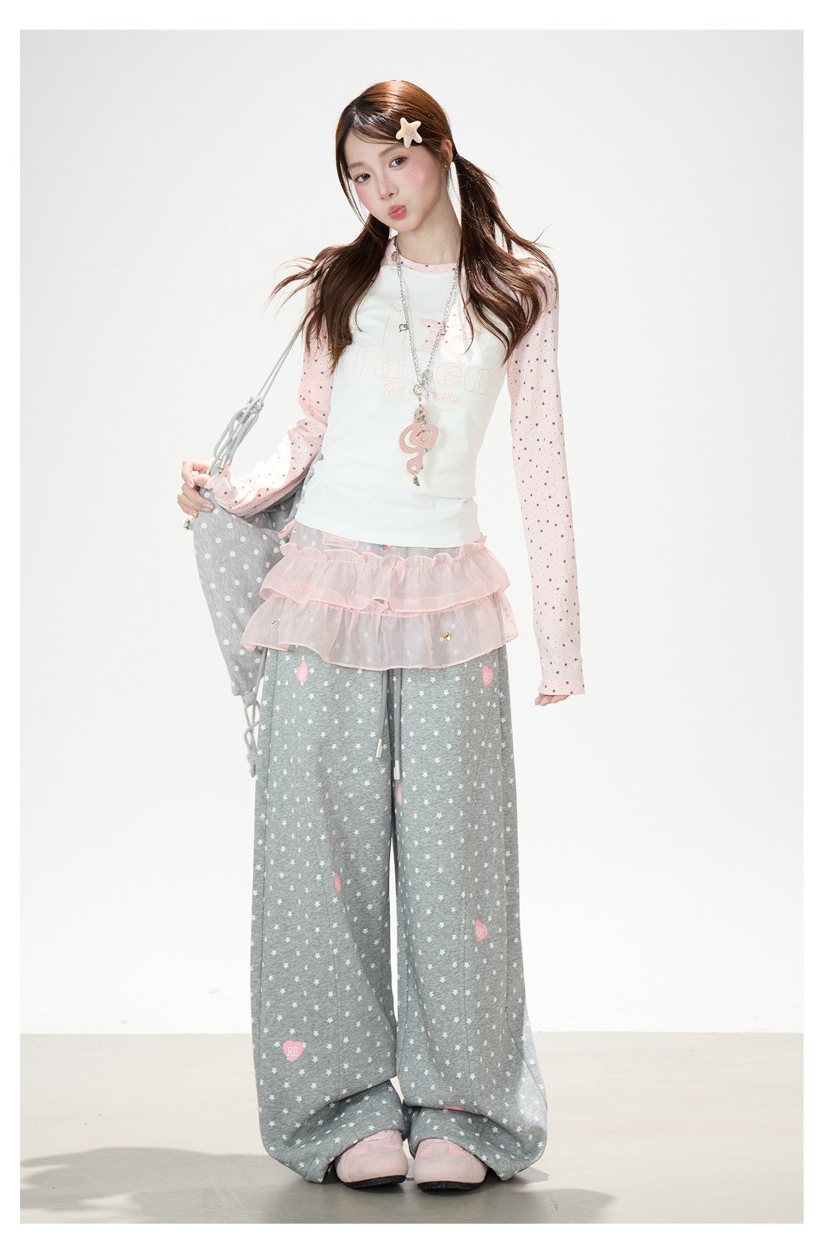 Pink Star Raglan Long Sleeve Top & Gray Heart Star Wide-Leg Pants