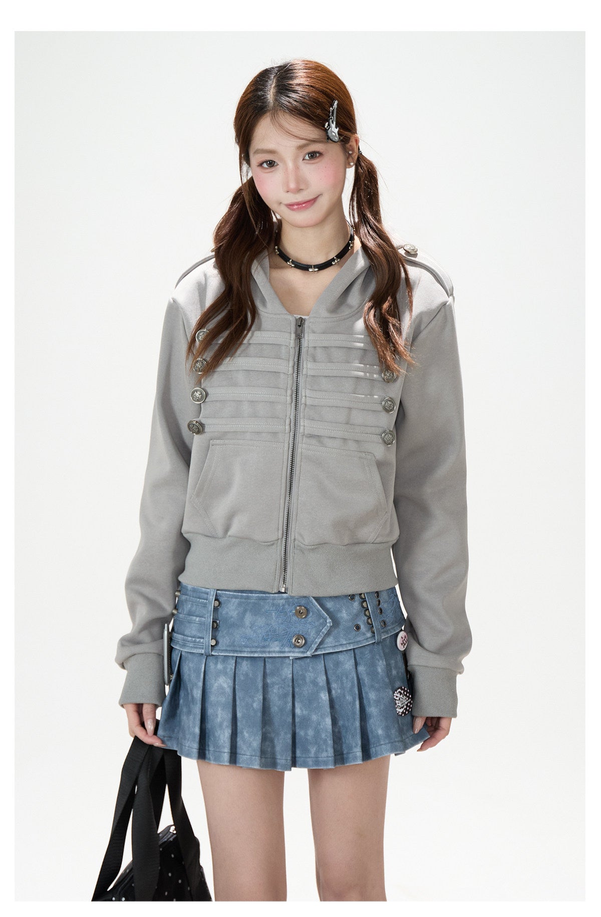 Utility Button Zip-Up Hoodie & Blue Pleated Mini Skirt