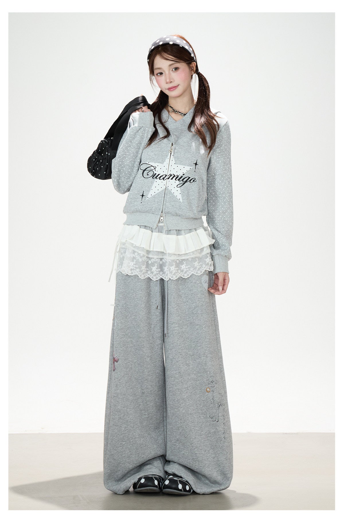 Star Polka-Dot Cropped Zip-Up Hoodie & Gray Wide-Leg Sweatpants
