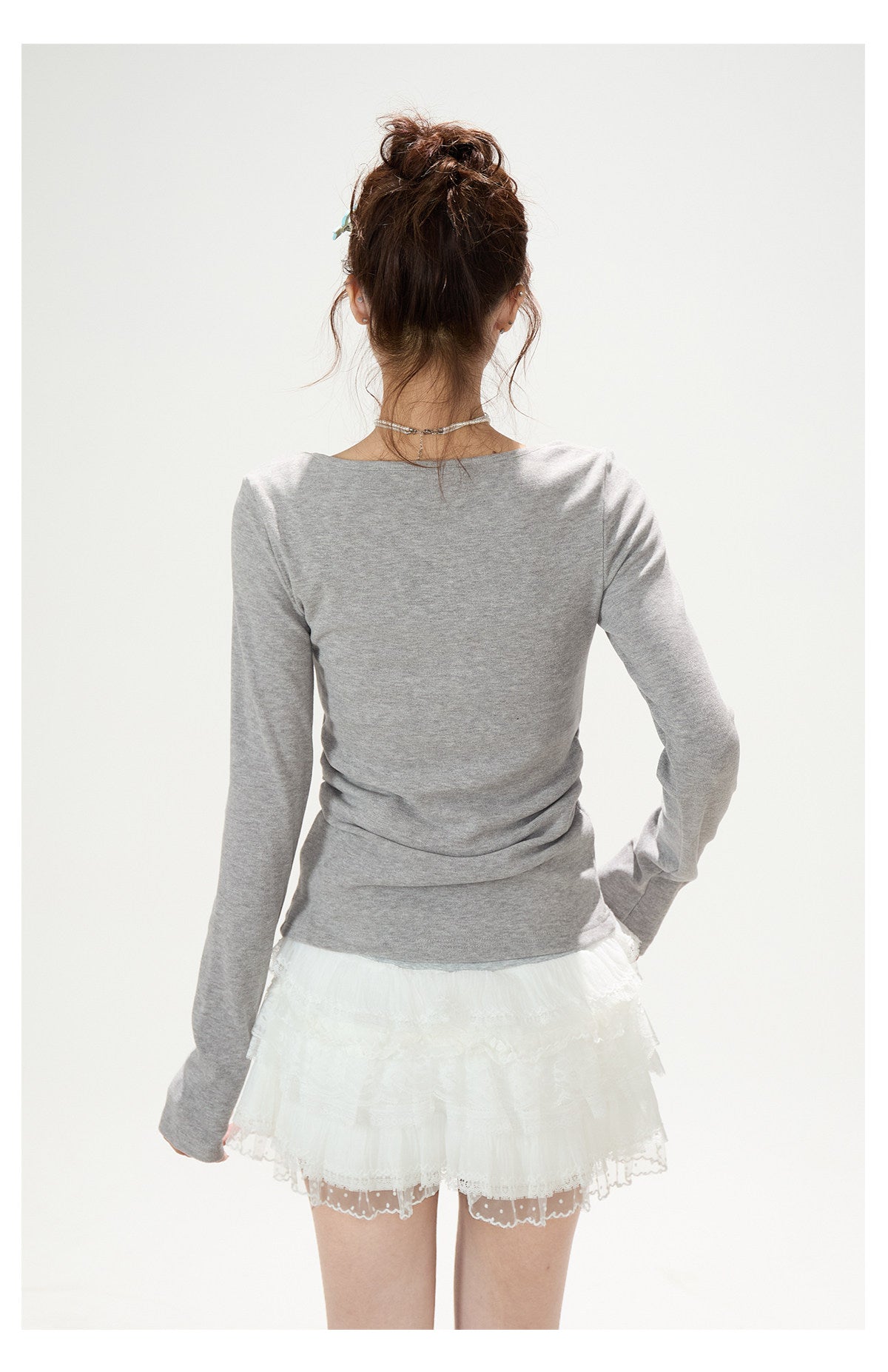 Faux-Layered V-Neck Long Sleeve Top & Ruffle Mini Skirt