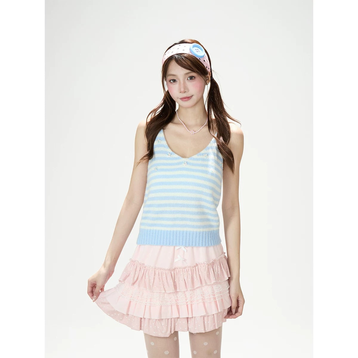 Soft Stripe Knit Vest & Long Sleeve Layered Two-Piece Set
