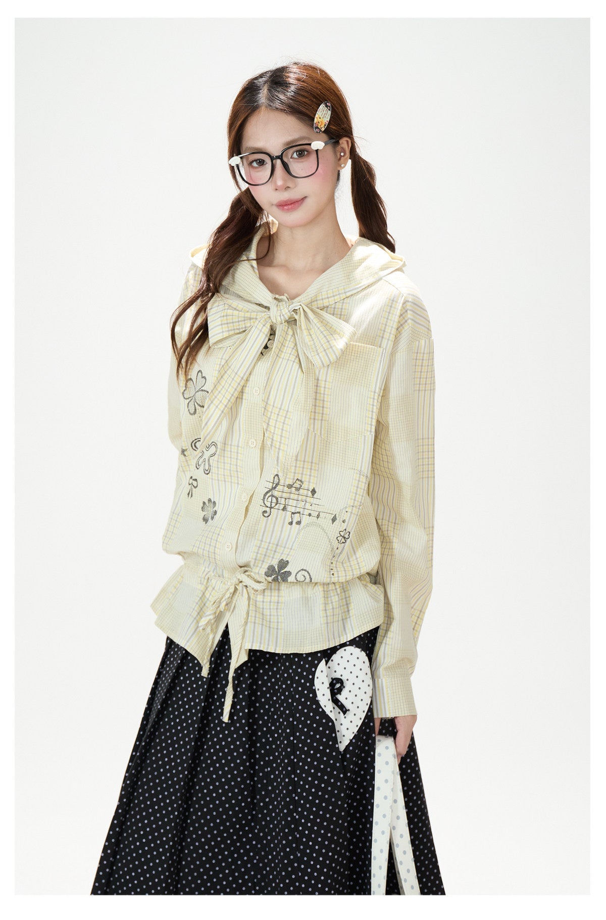 Plaid Hooded Long Sleeve Shirt & Black Polka-Dot Midi Skirt