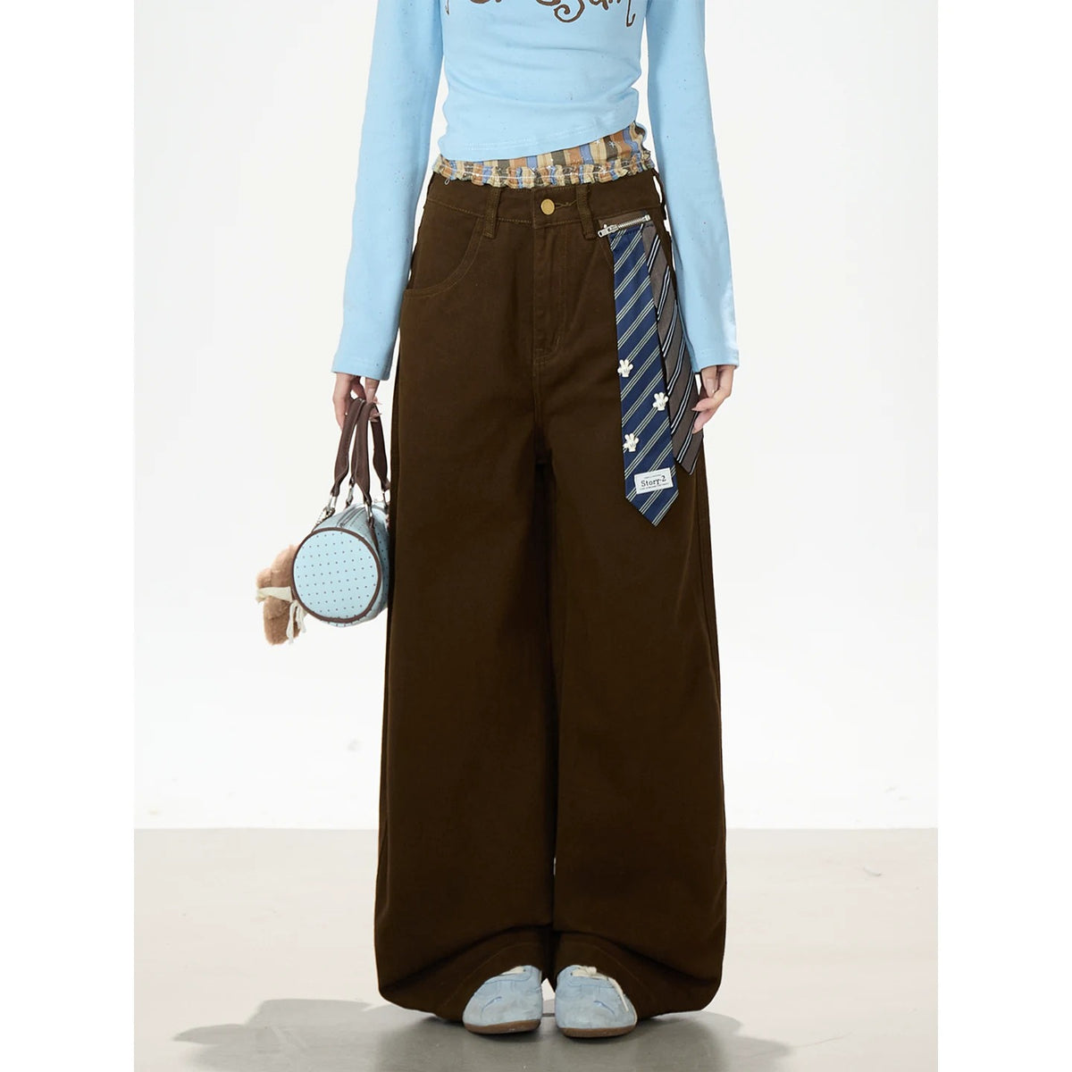 Letter Layered Long Sleeve Top & Coffee Wide-Leg Pants