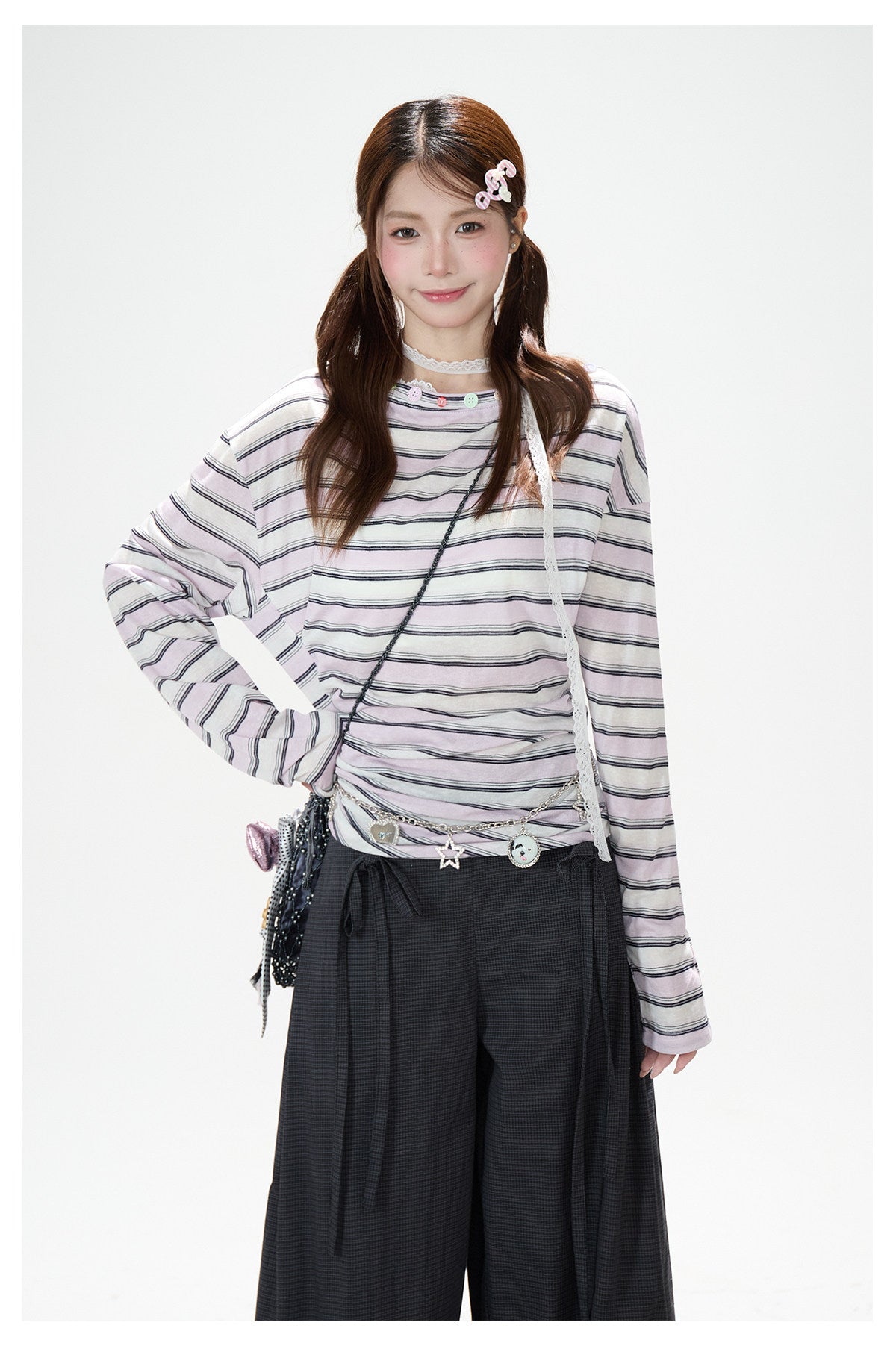 Striped Off-Shoulder Long Sleeve Top & Polka-Dot Midi Skirt