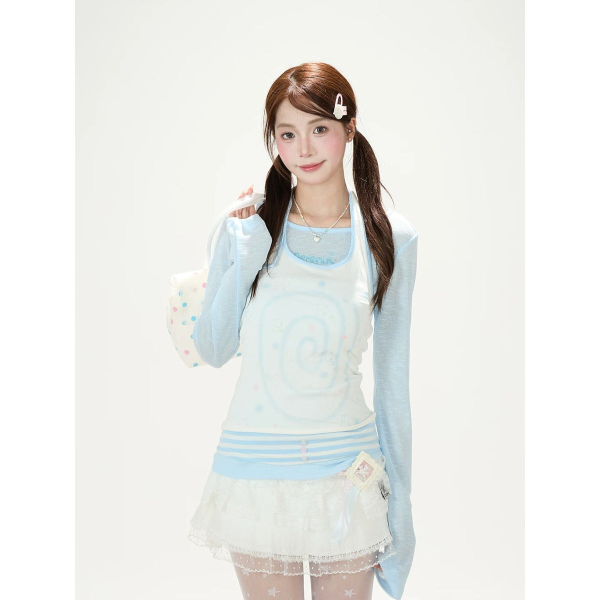 Sheer Blue Long Sleeve & Halter Cami Two-Piece Top Set