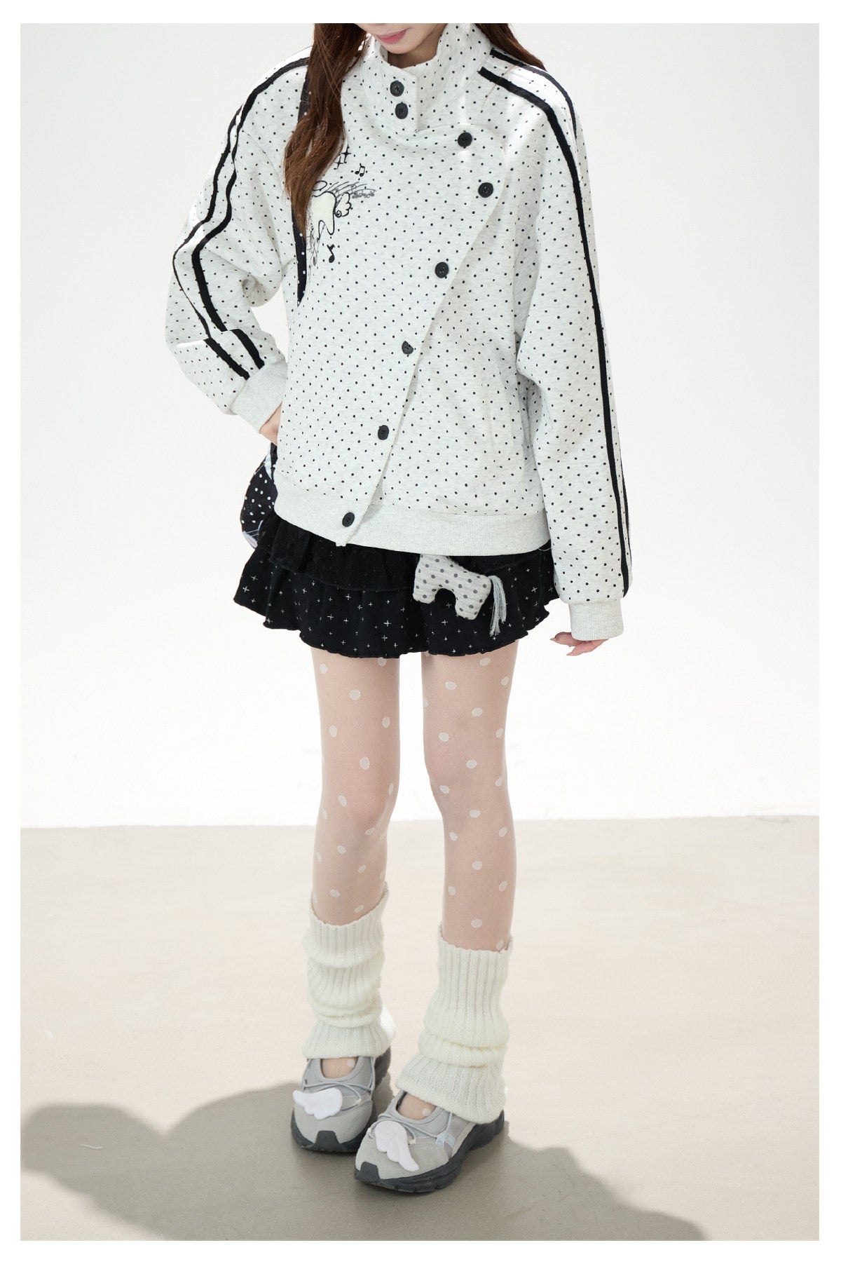 Polka-Dot Stripe Asymmetric Button Jacket & Black Tiered Mini Skirt