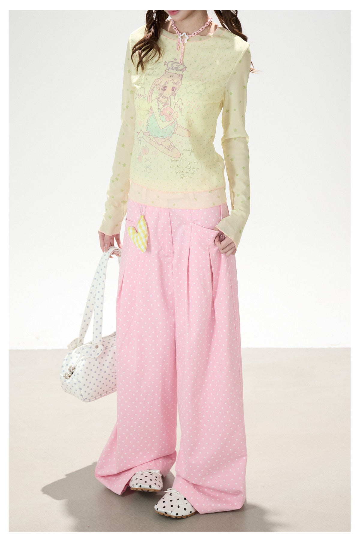 Anime Star Polka-Dot Mesh Long Sleeve Top & Bunny Graphic Wide-Leg Jeans