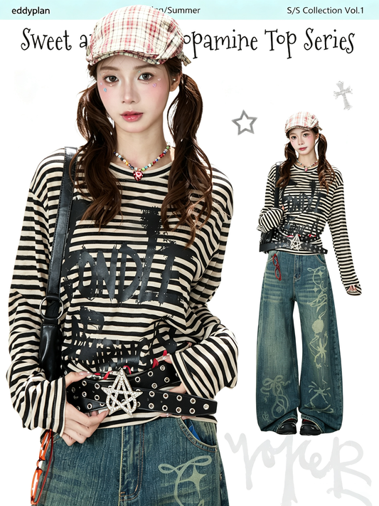 Distressed Striped Long Sleeve Top & Graphic Wide-Leg Pants