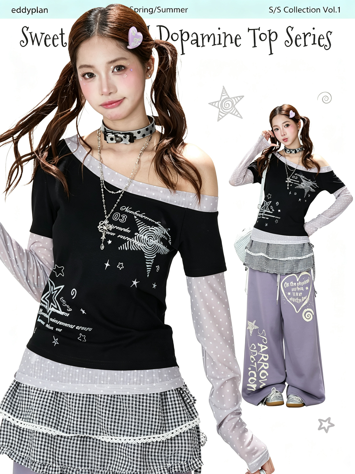 Mesh Layered Off-Shoulder Graphic Top & Heart Graphic Wide-Leg Pants