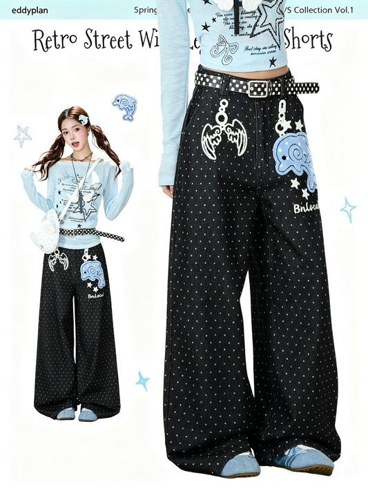 Dolphin Embroidered Polka Dot Wide-Leg Jeans