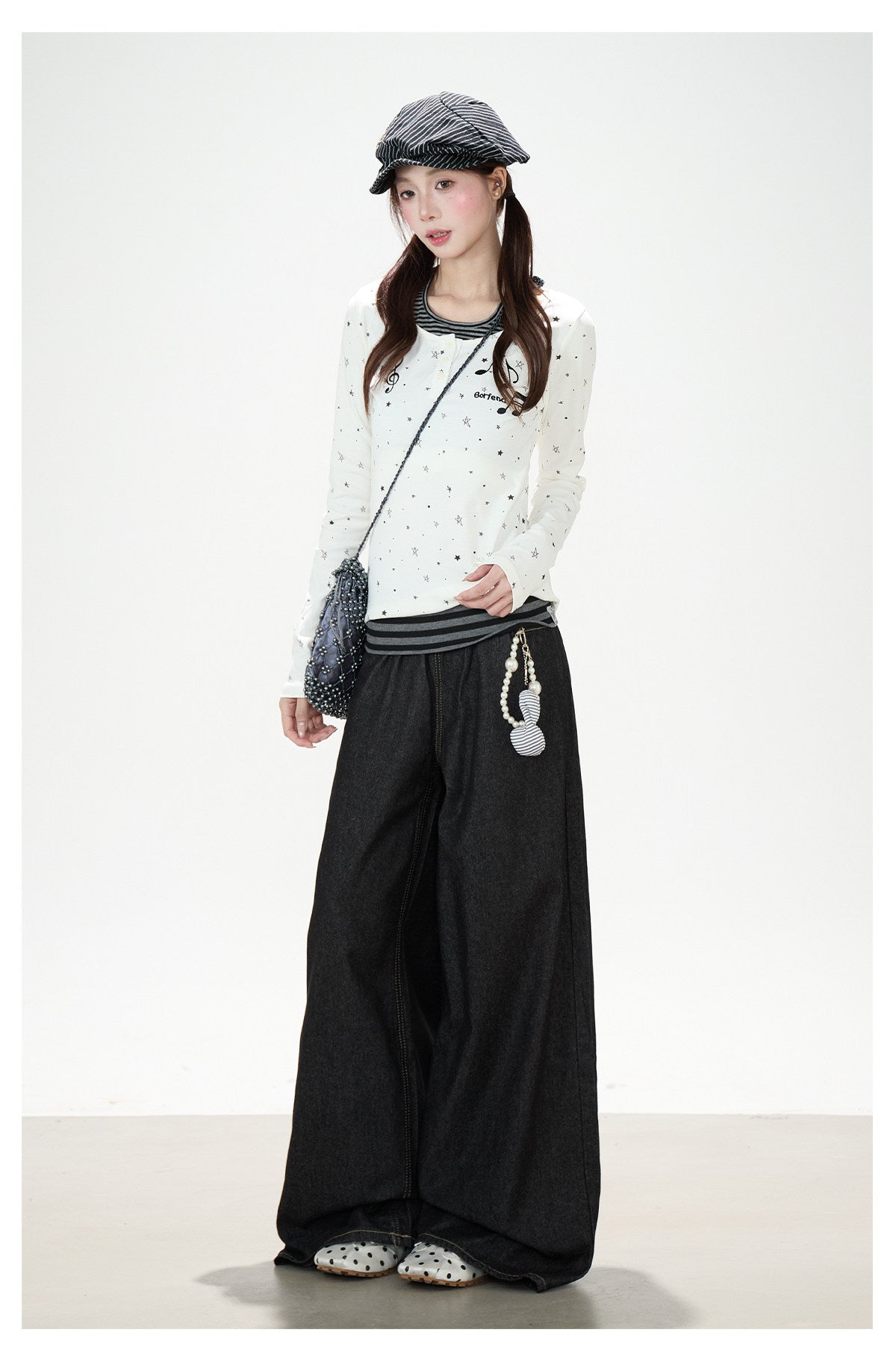 Star Music Note Halter Layered Long Sleeve Top & Black Wide-Leg Pants