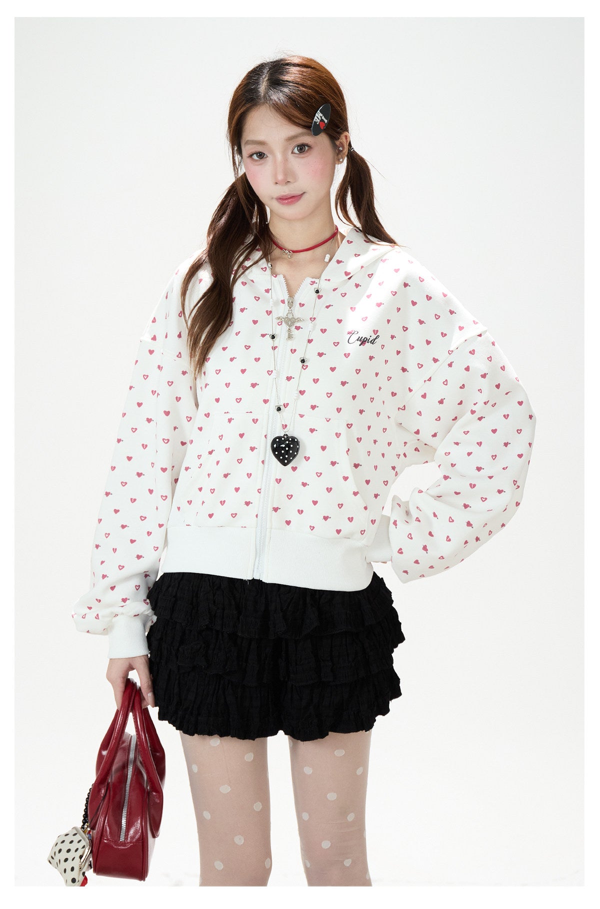 Heart Print Zip-Up Hoodie & Black Tiered Ruffle Mini Skirt