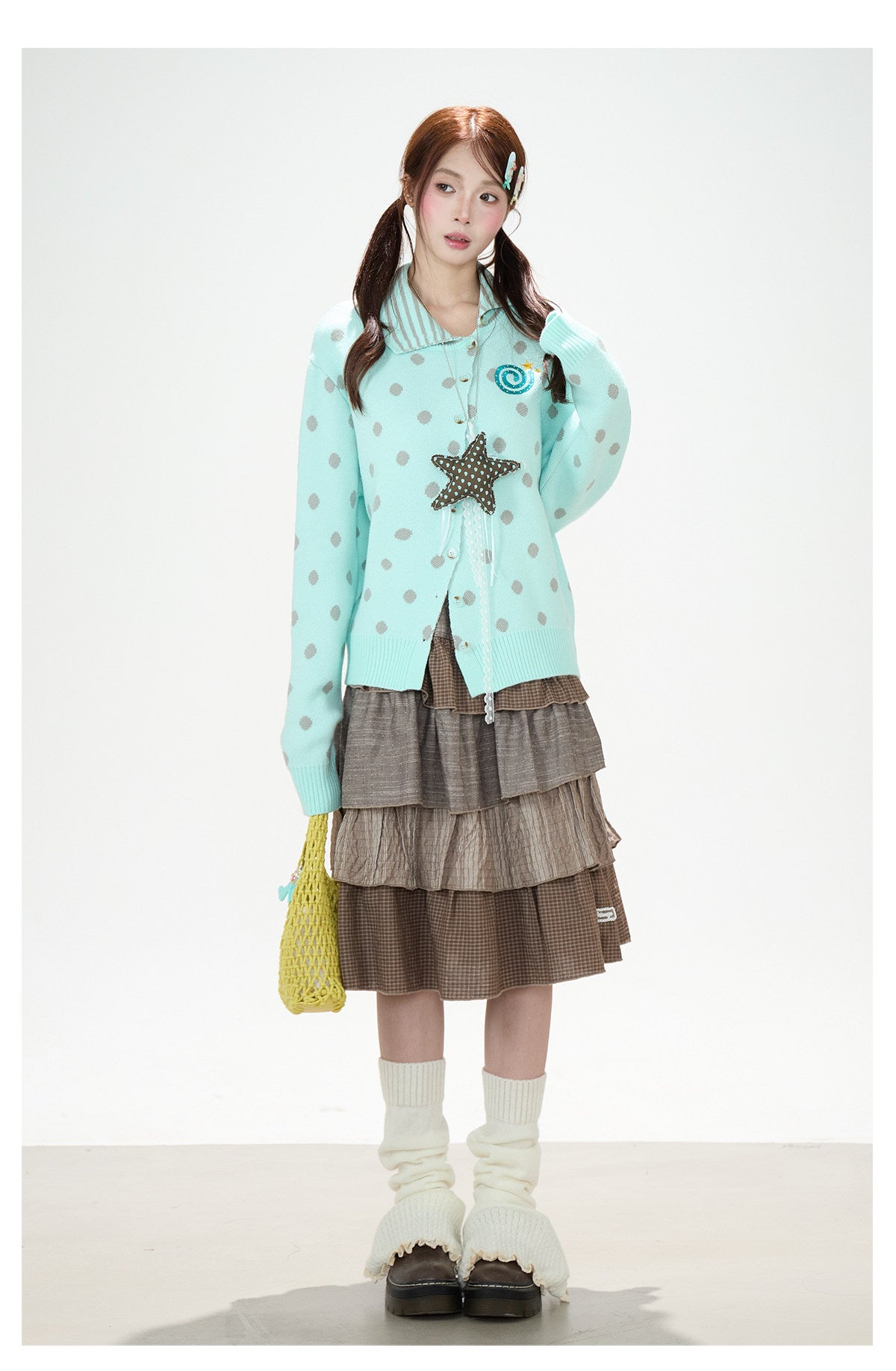 Polka-Dot Asymmetric Knit Cardigan & Tiered Midi Skirt