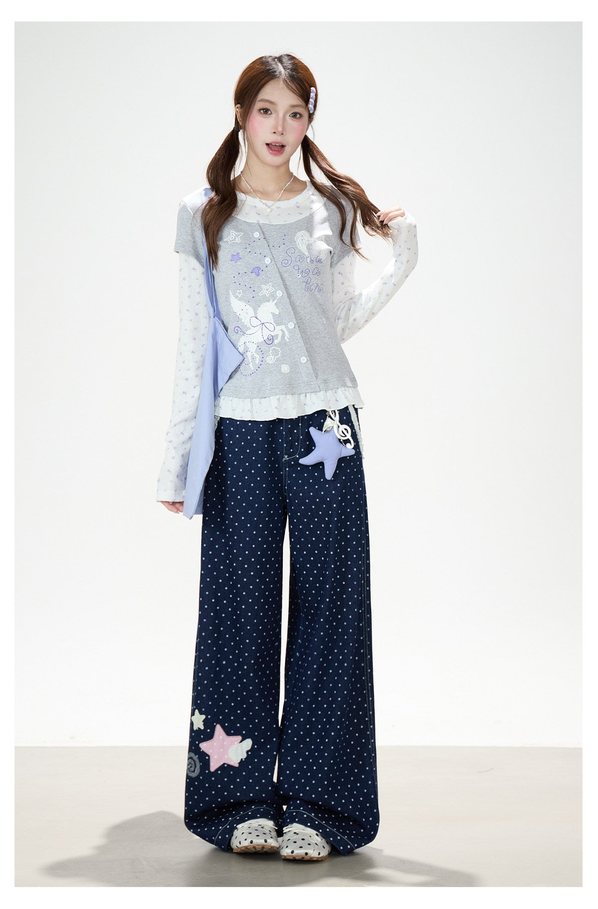 Floral Layered Long Sleeve Top & Navy Polka-Dot Wide-Leg Pants