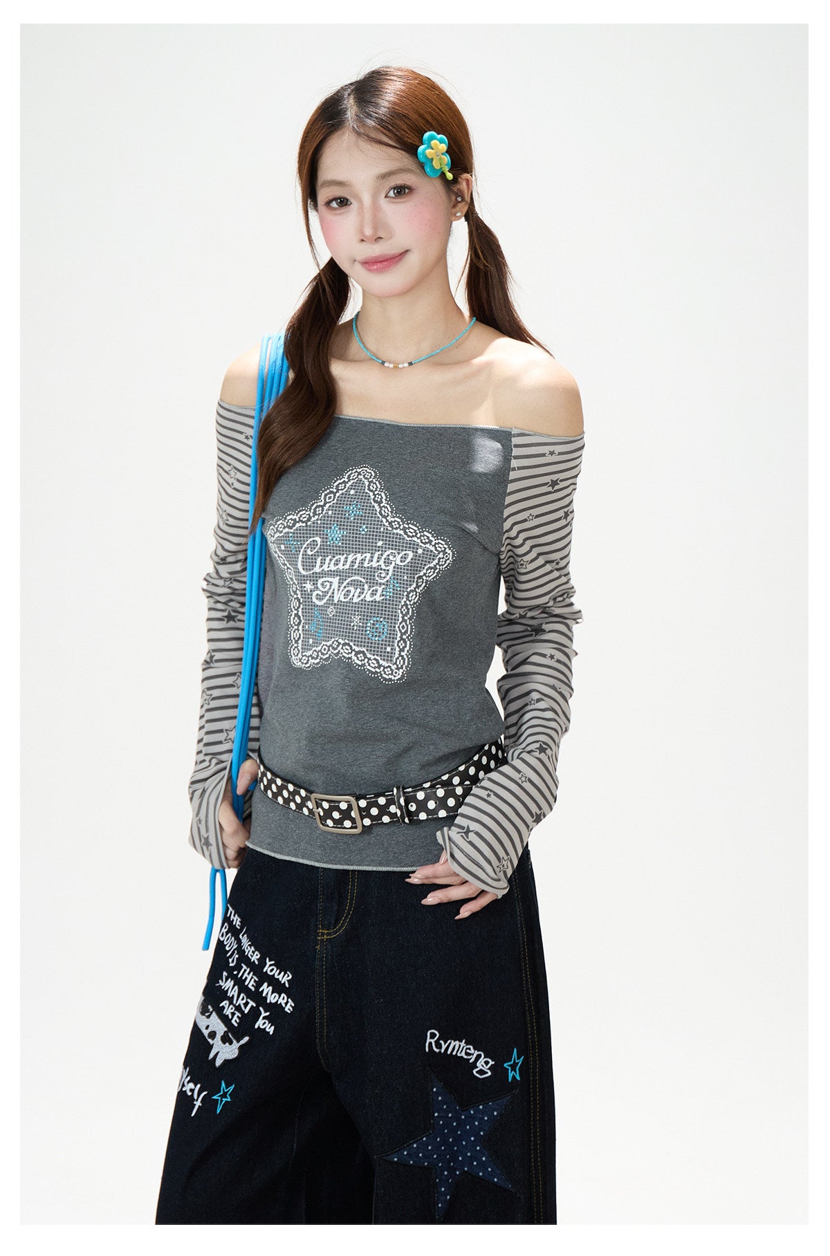 Star Stripe Off-Shoulder Long Sleeve Top & Graphic Star Wide-Leg Pants