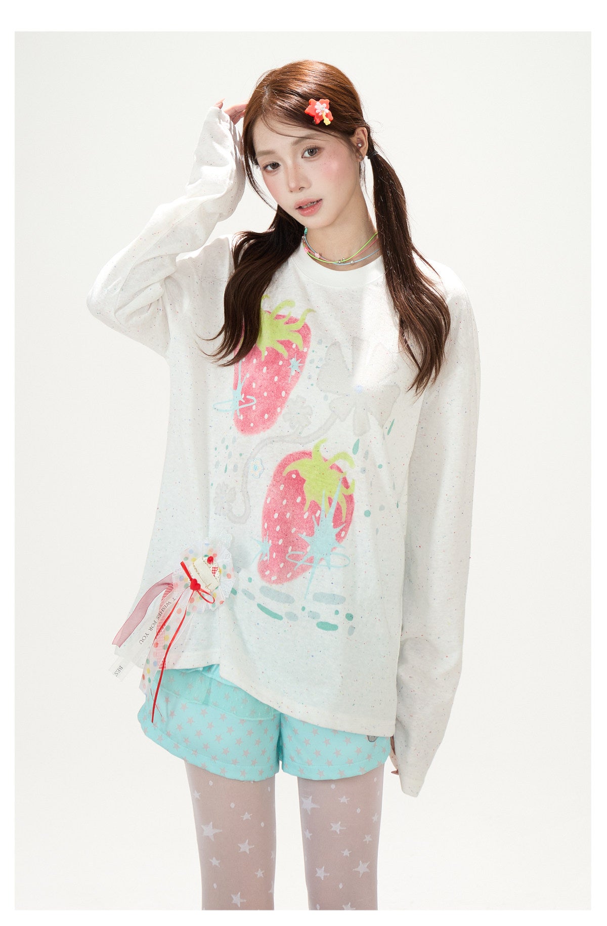 Strawberry Doodle Long Sleeve Tee & Aqua Polka-Dot Shorts