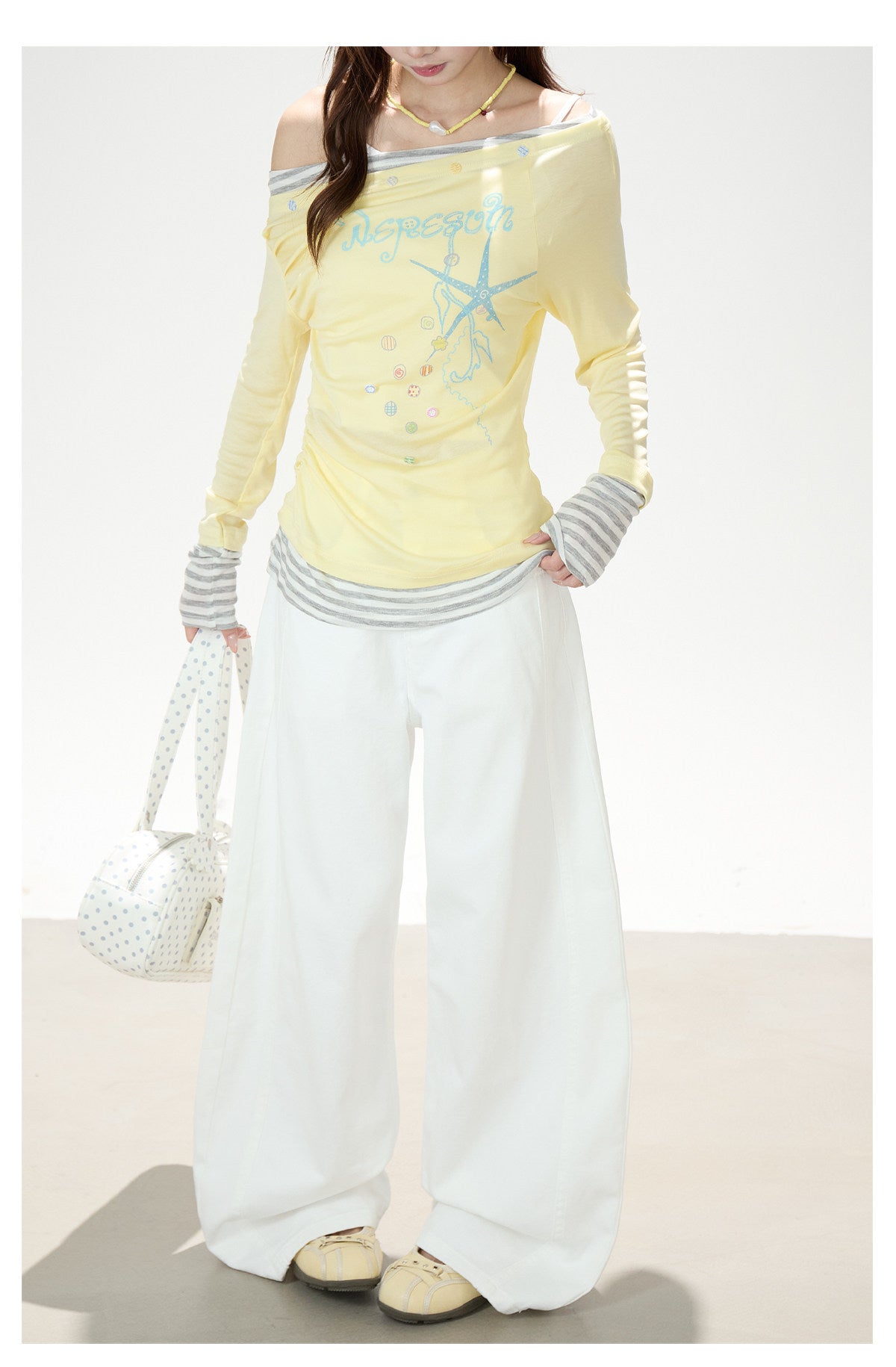 Starfish Off-Shoulder Layered Long Sleeve Top & White Wide-Leg Pants