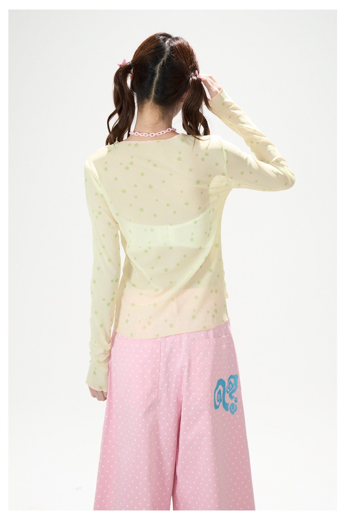 Anime Star Polka-Dot Mesh Long Sleeve Top & Bunny Graphic Wide-Leg Jeans
