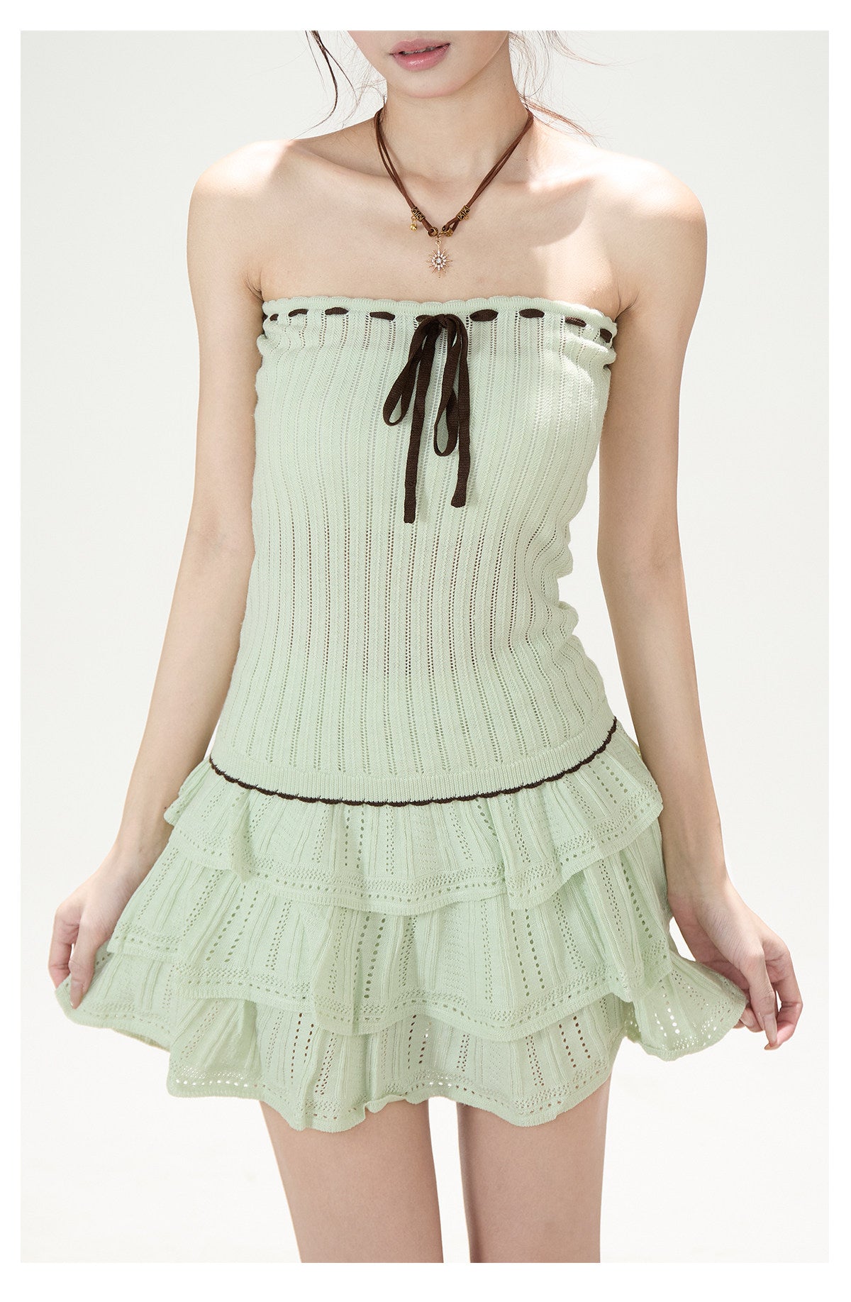Pointelle Bow Cardigan & Cami Knit Set & Tiered Ruffle Mini Skirt