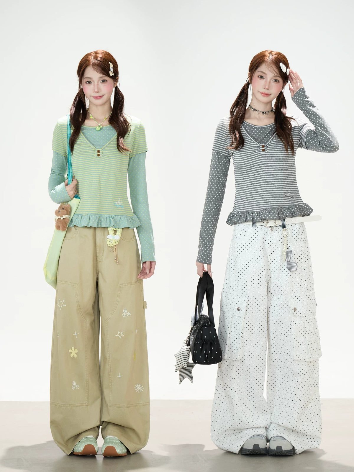 Polka-Dot Stripe Layered Long Sleeve Top & Embroidered Khaki Wide-Leg Cargo Pants