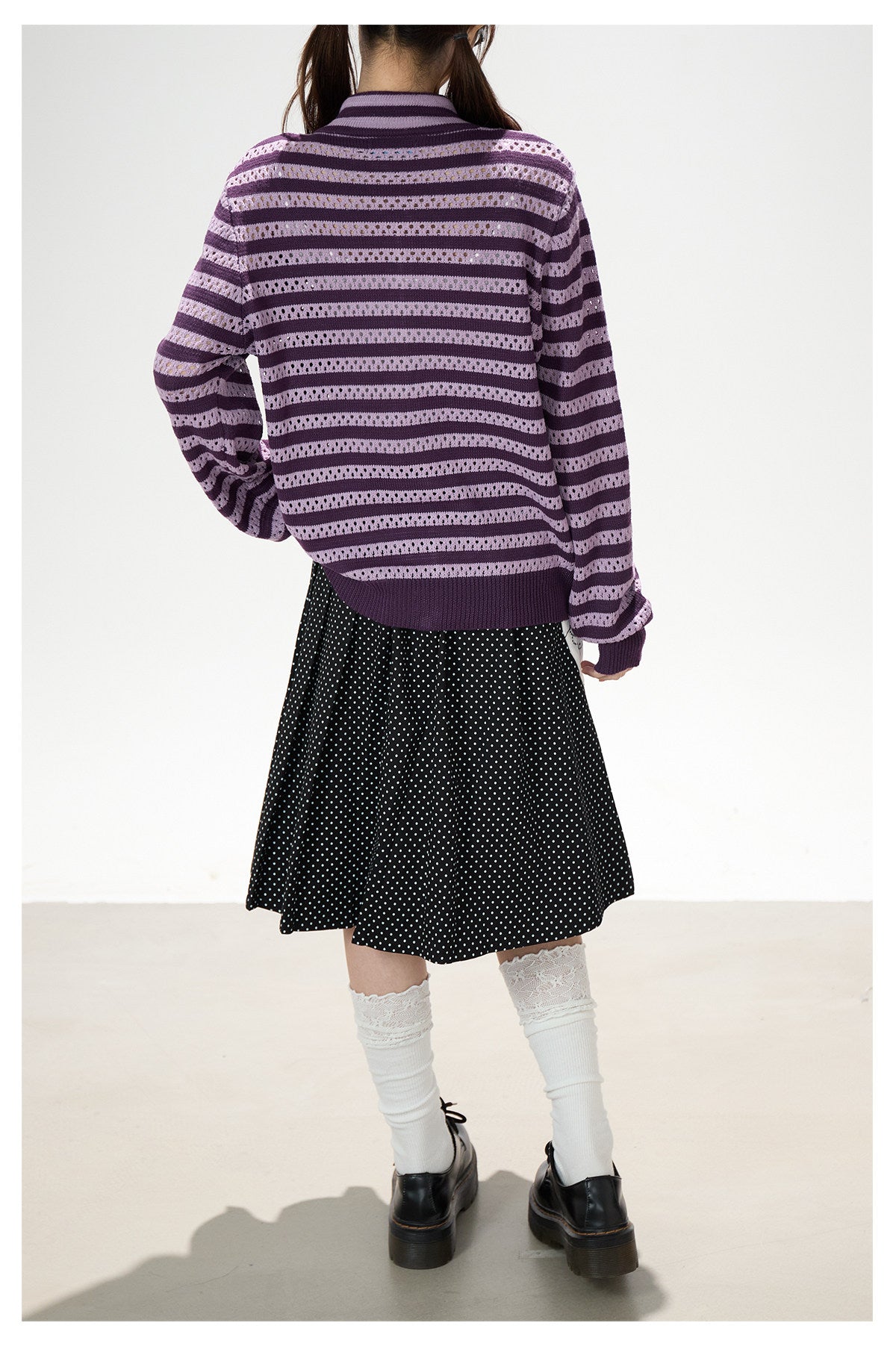 Striped Openwork Knit Cardigan & Black Polka-Dot Pleated Midi Skirt