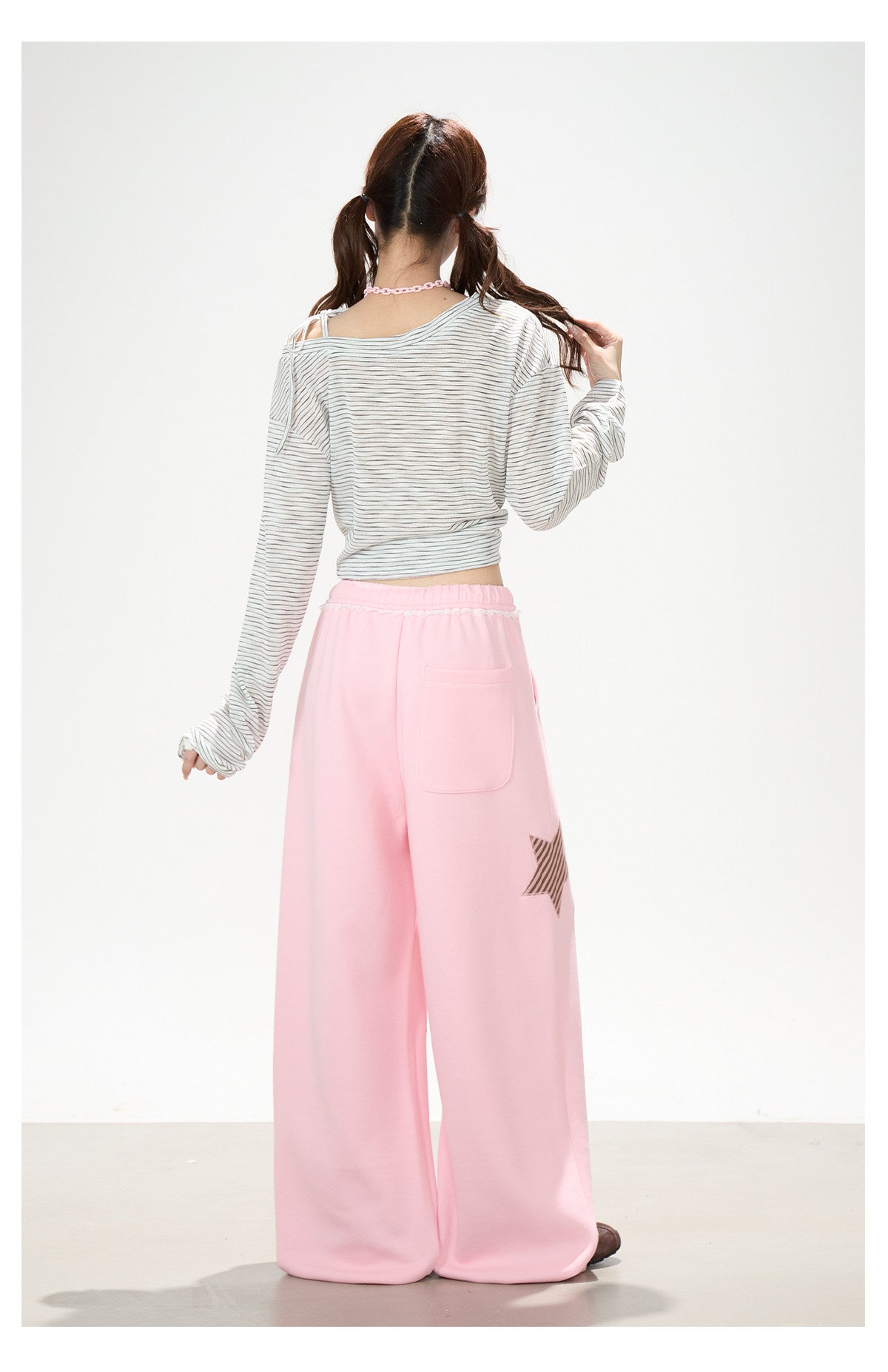 Bow Stripe Off-Shoulder Long Sleeve Top & Pink Wide-Leg Pants