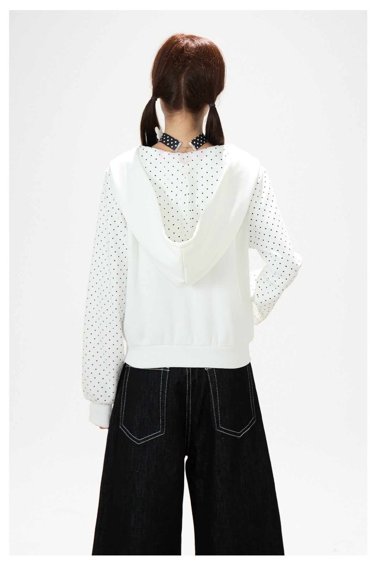 Star Polka-Dot Cropped Zip-Up Hoodie & Paw Print Graphic Wide-Leg Jeans