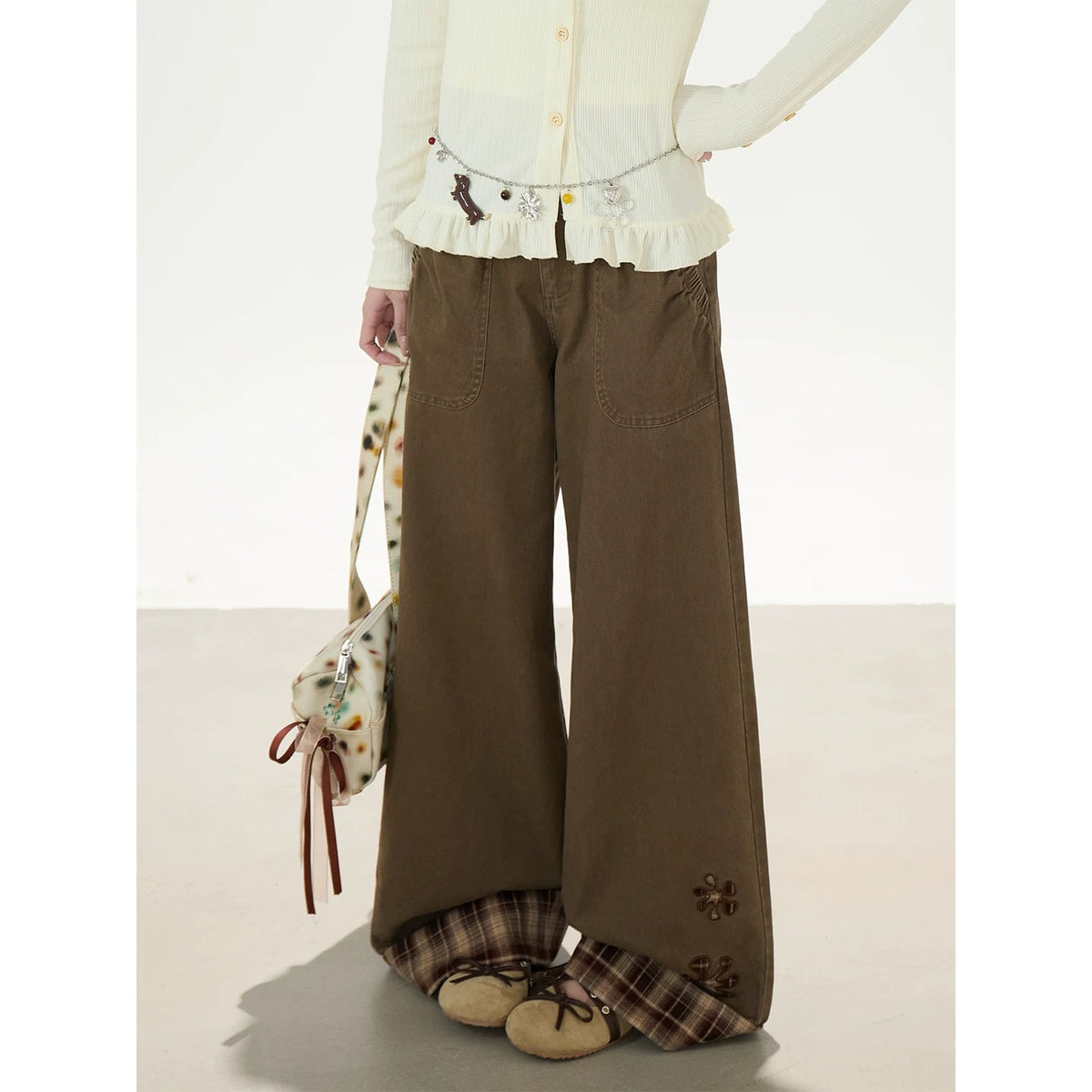 Star Patch Ruffle-Hem Collared Cardigan & Brown Plaid-Cuff Wide-Leg Pants