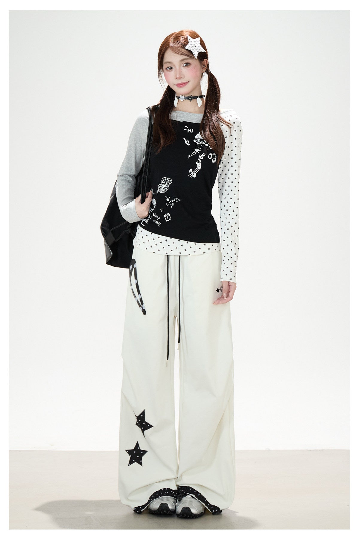 Star Polka-Dot Patchwork Wide-Leg Cargo Pants