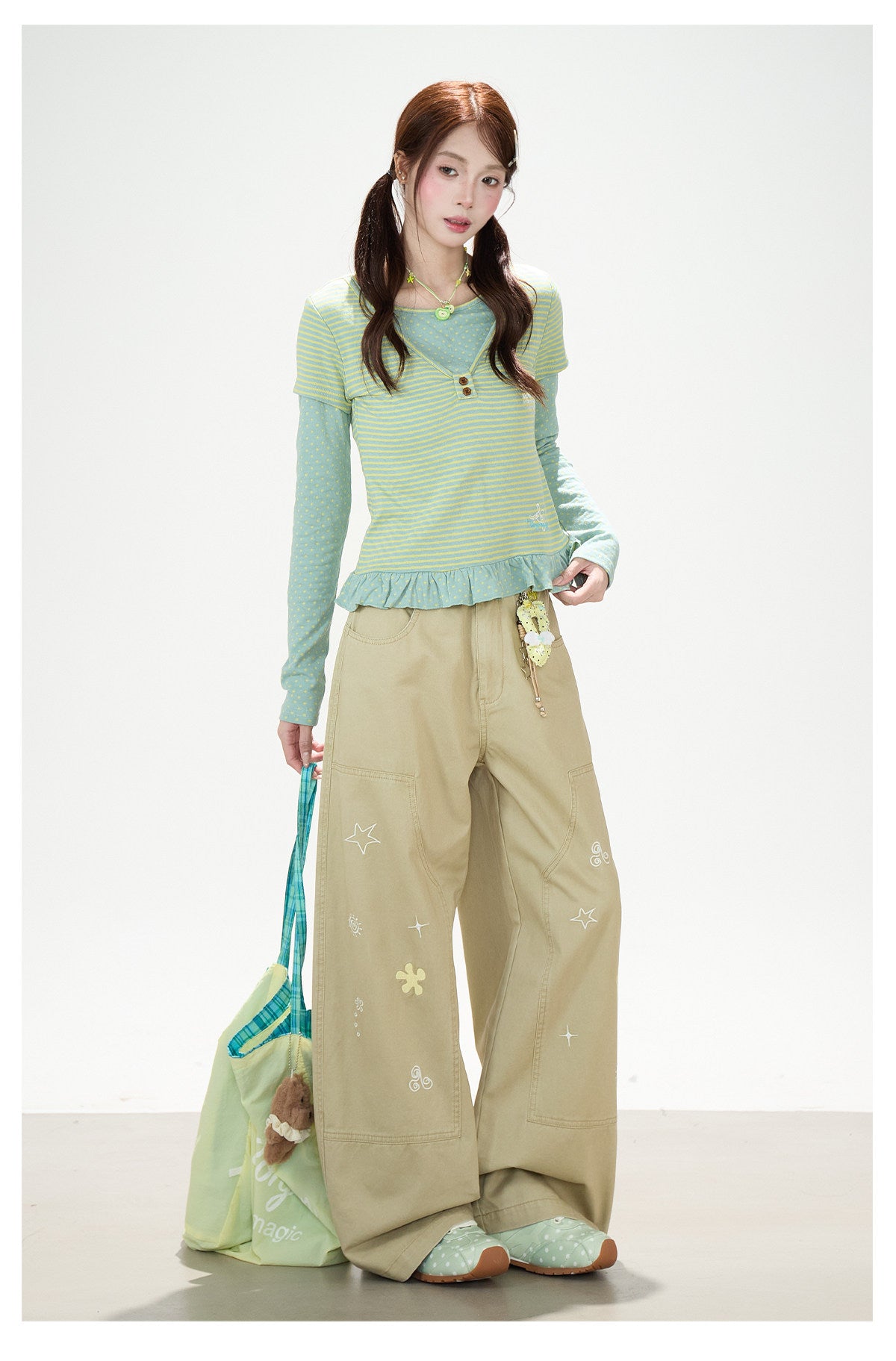 Polka-Dot Stripe Layered Long Sleeve Top & Embroidered Khaki Wide-Leg Cargo Pants