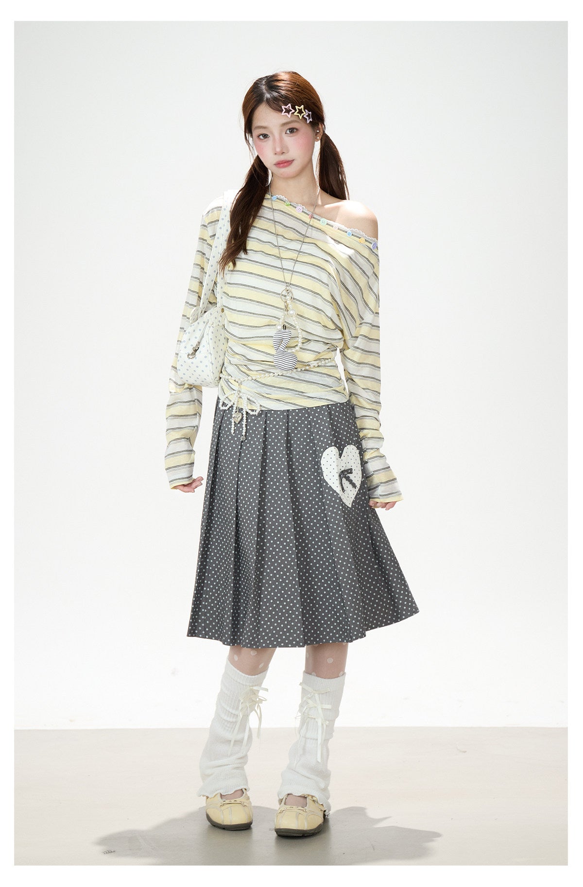 Striped Off-Shoulder Long Sleeve Top & Polka-Dot Midi Skirt
