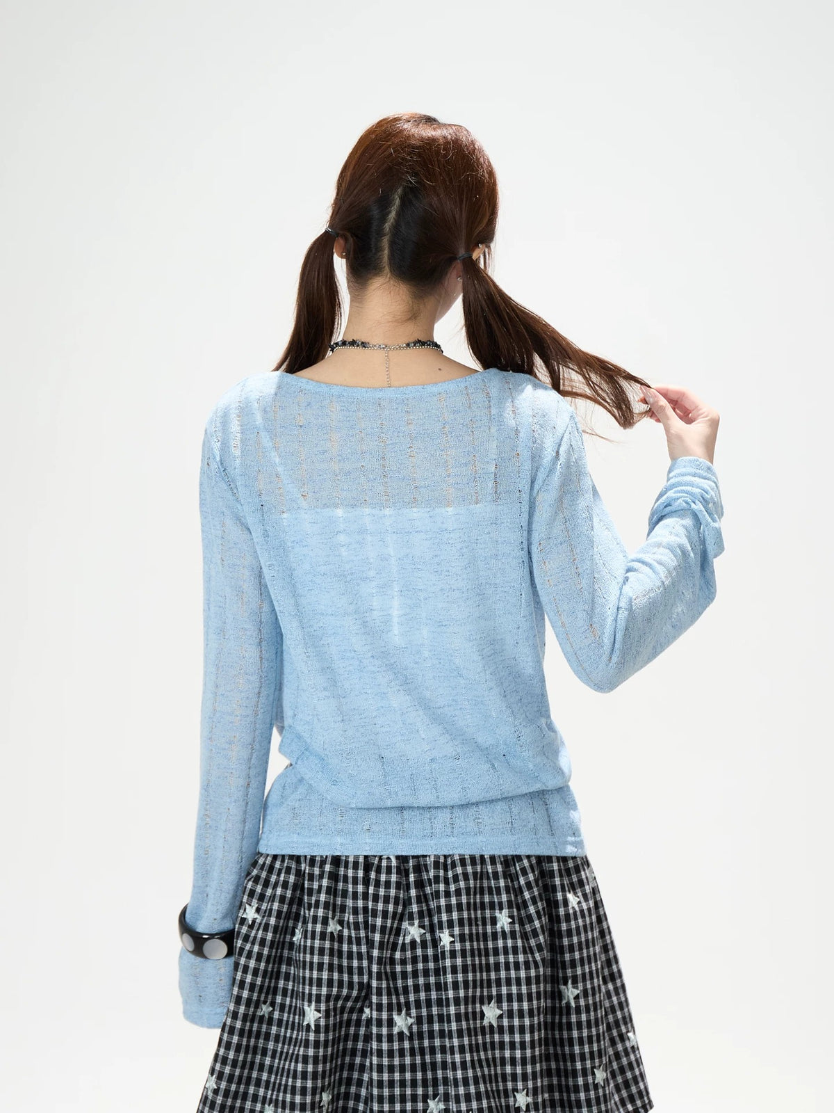 Graffiti Cutout Cowl-Neck Long Sleeve Top & Star Plaid Mini Skirt