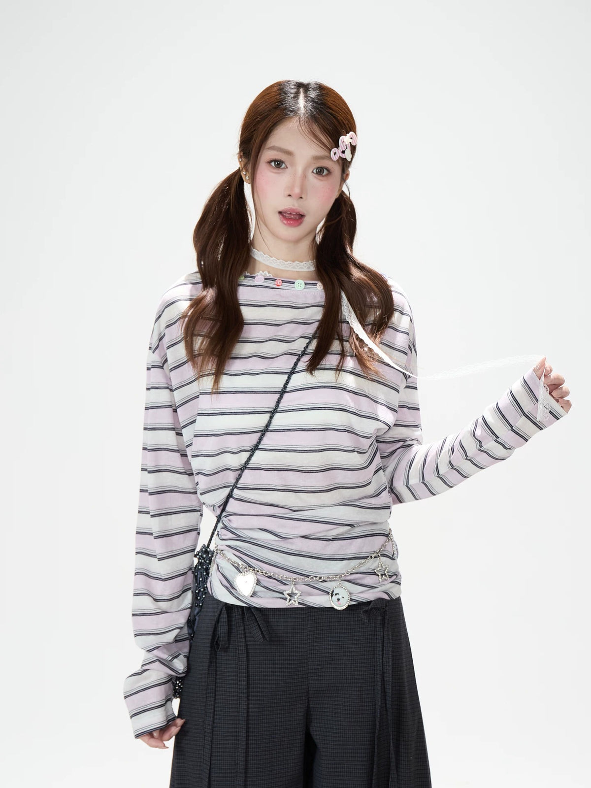 Striped Off-Shoulder Long Sleeve Top & Polka-Dot Midi Skirt