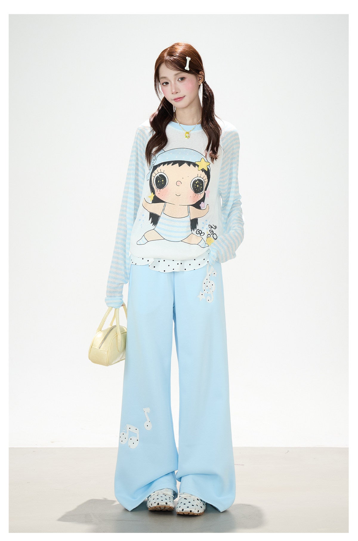 Cartoon Girl Stripe Raglan Long Sleeve Top & Black Polka-Dot Ruffle Skirt