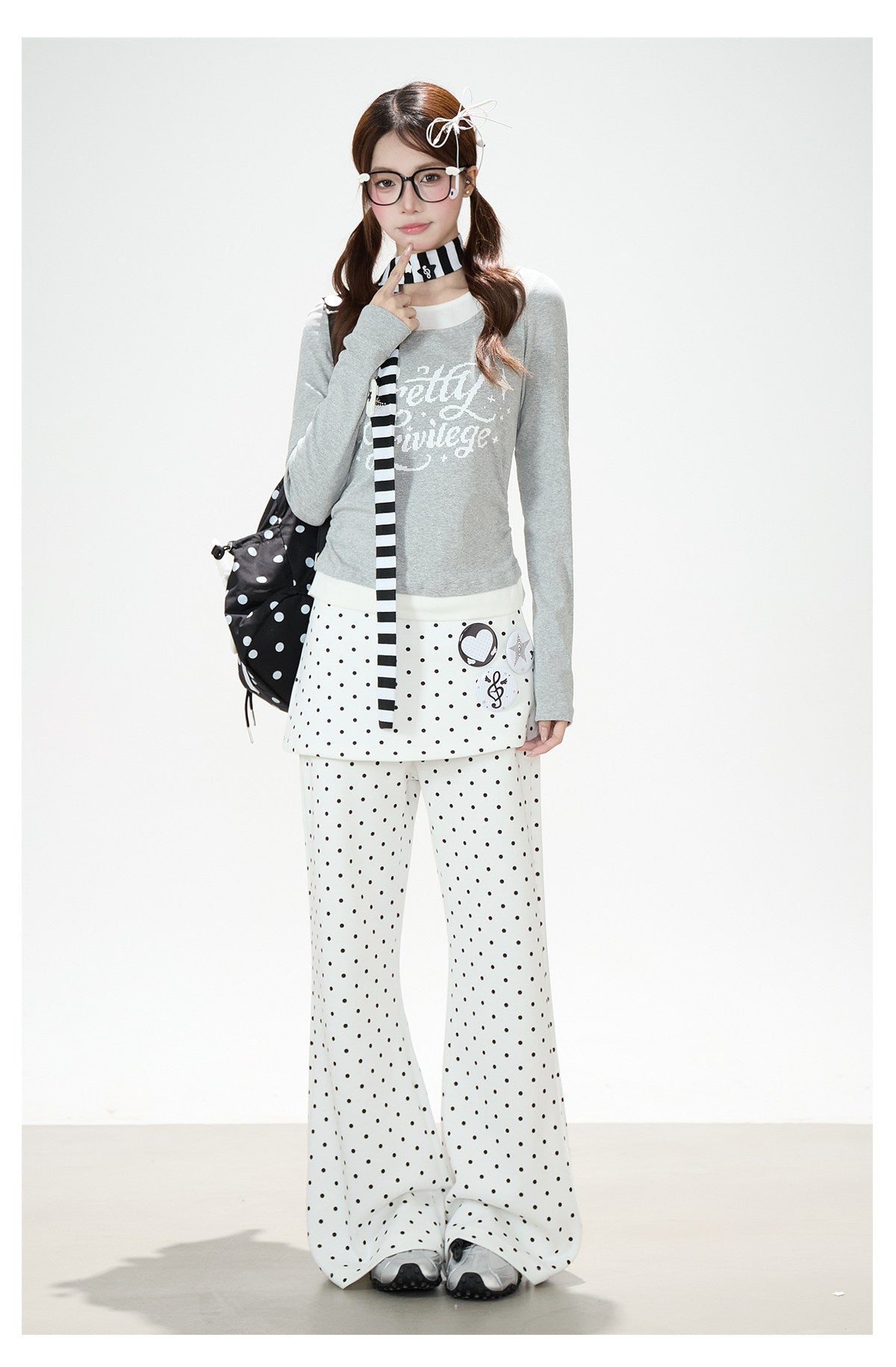 Polka-Dot Skirt-Layer Flared Sweatpants