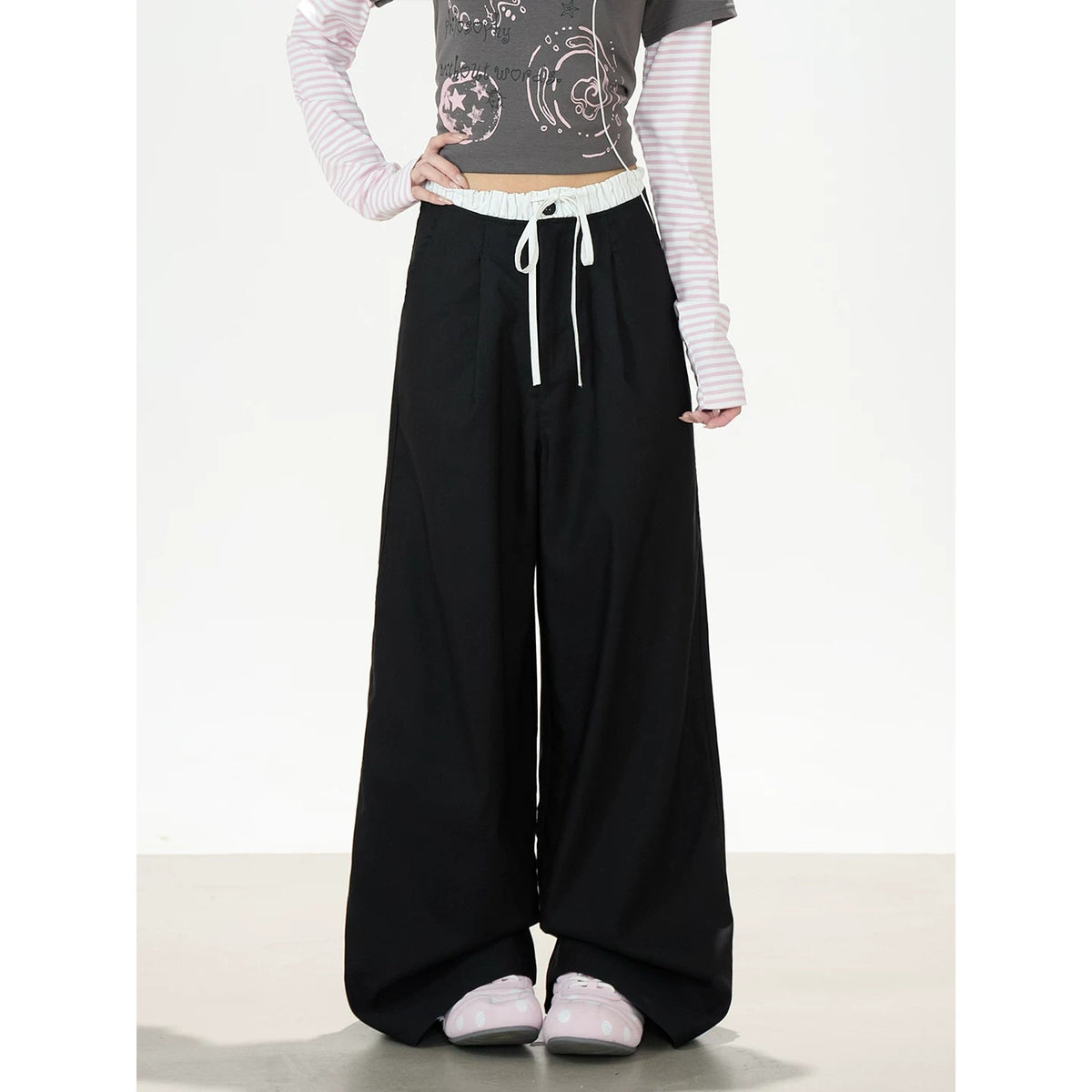 Graffiti Layered Long Sleeve Top & Black Wide-Leg Pants