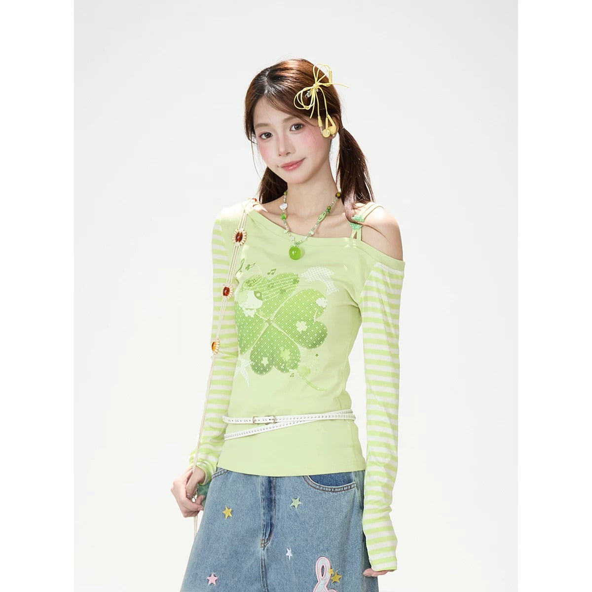 Clover Stripe Off-Shoulder Long Sleeve Top & Star Music Note Wide-Leg Jeans
