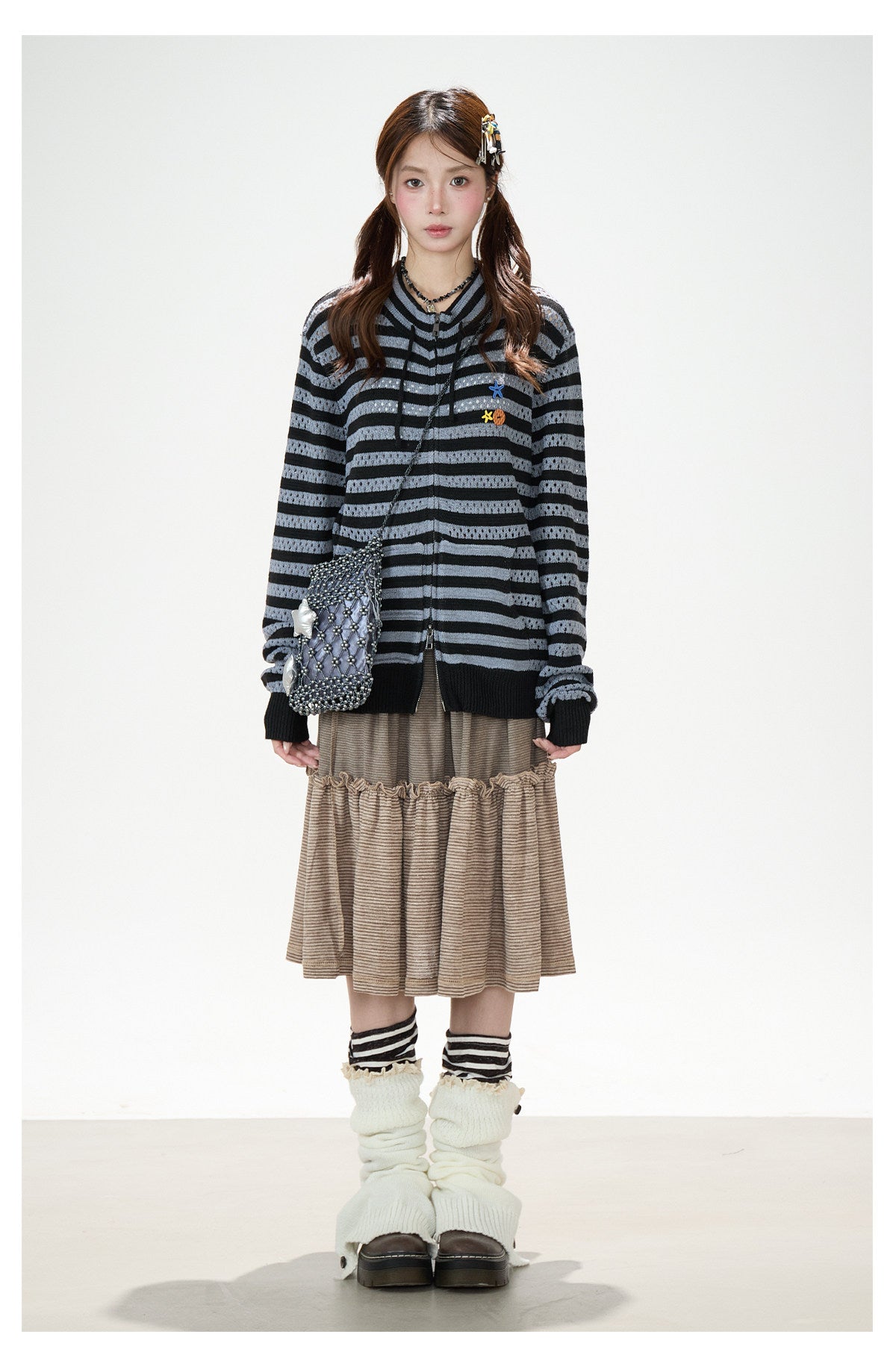 Striped Openwork Knit Cardigan & Black Polka-Dot Pleated Midi Skirt