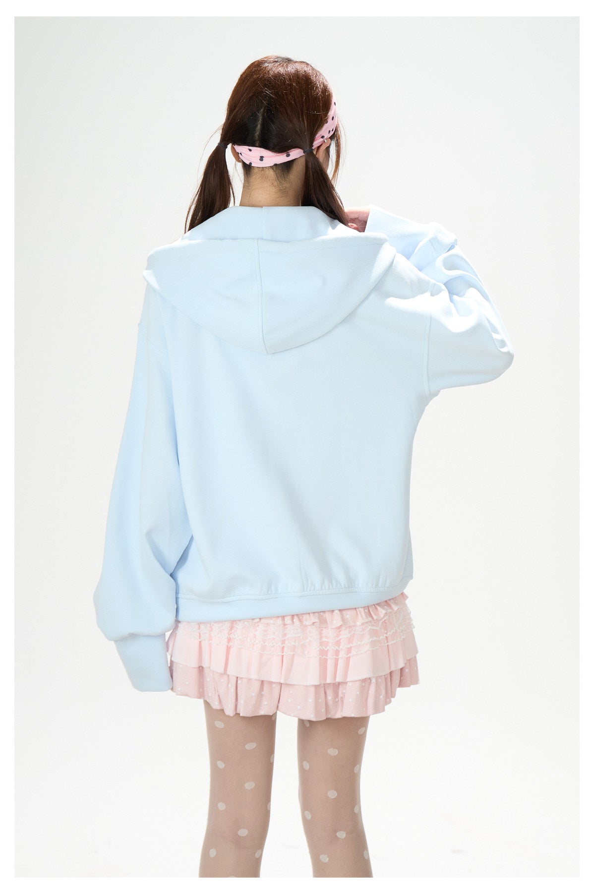 Hand-Drawn Polka-Dot Zip-Up Hoodie & Pink Ruffle Mini Skirt