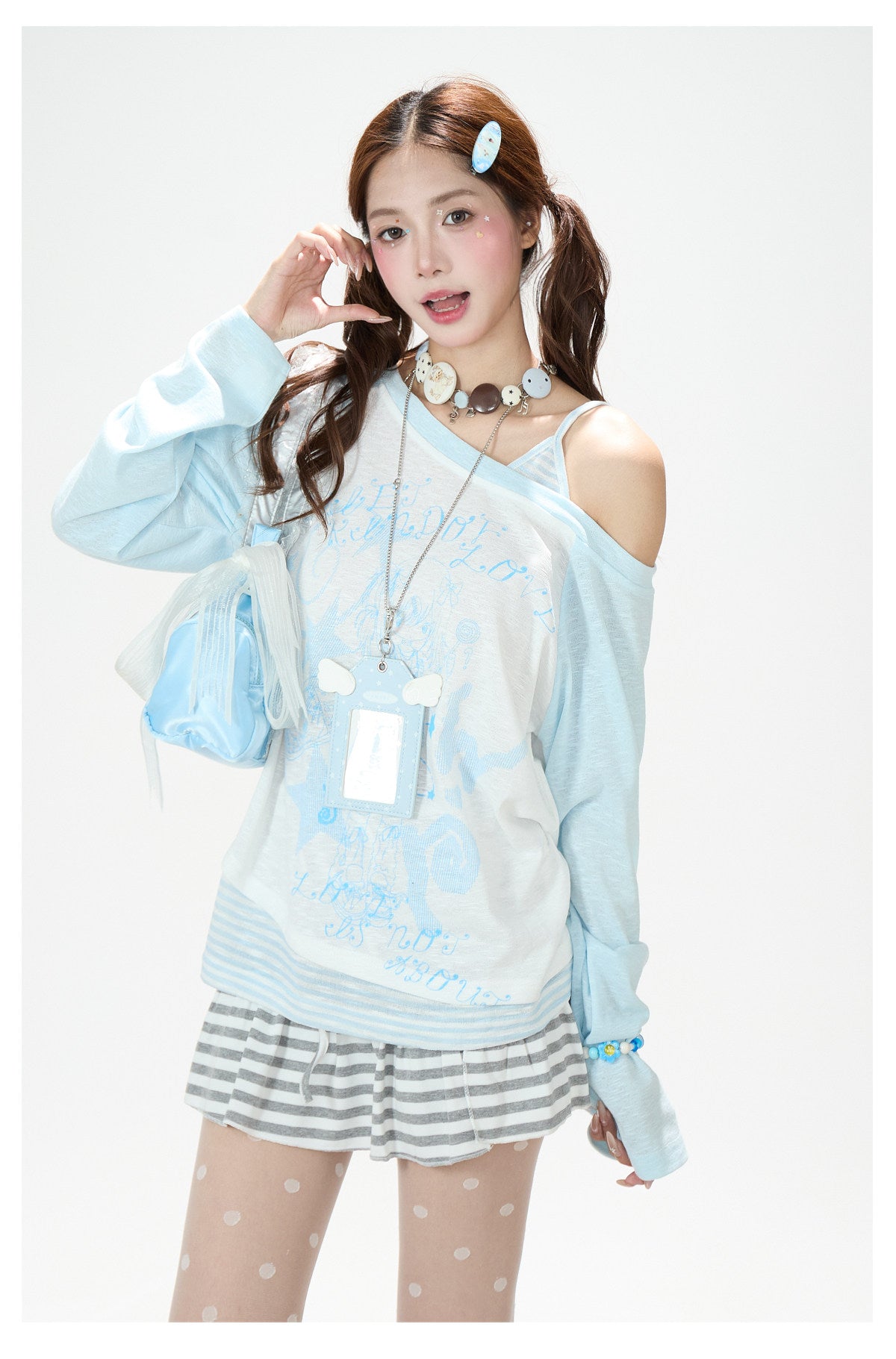 Cartoon Girl Off-Shoulder Long Sleeve Top & Asymmetric Polka-Dot Mini Skirt