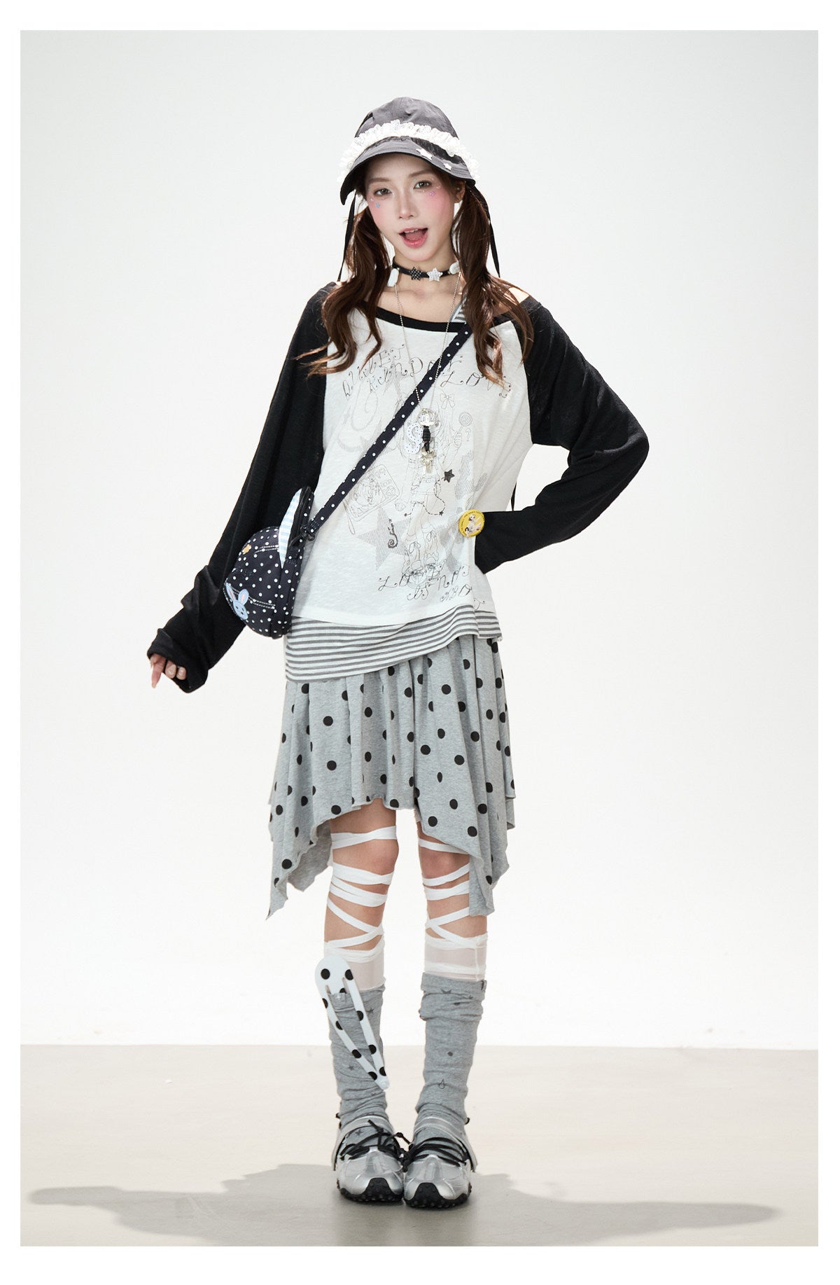 Cartoon Girl Off-Shoulder Long Sleeve Top & Asymmetric Polka-Dot Mini Skirt