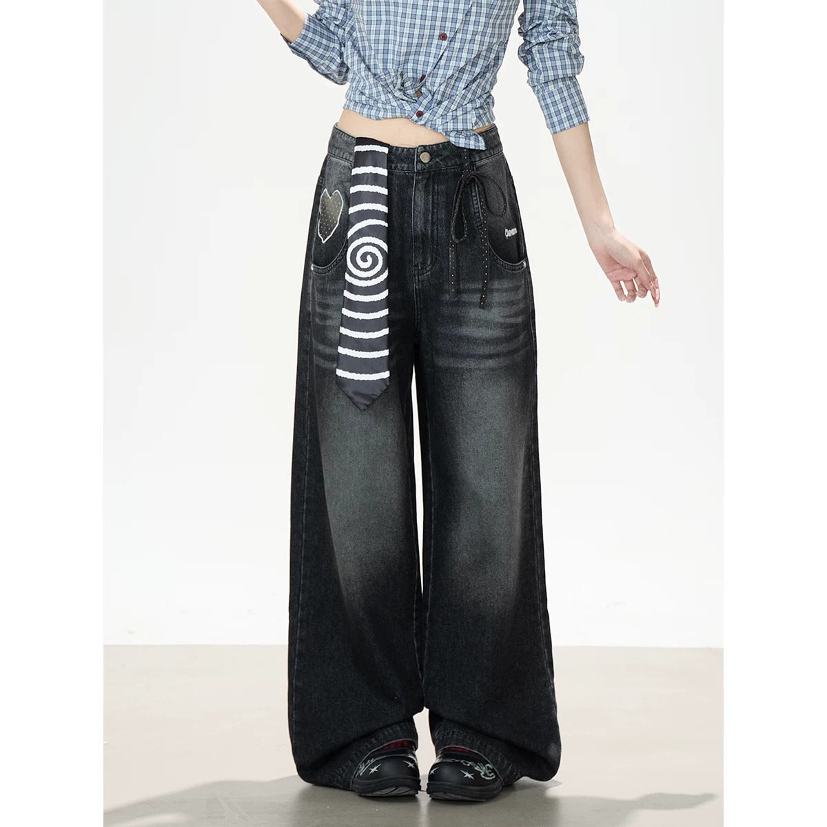 Blue Check Asymmetrical Shirt & Washed Wide-Leg Pants