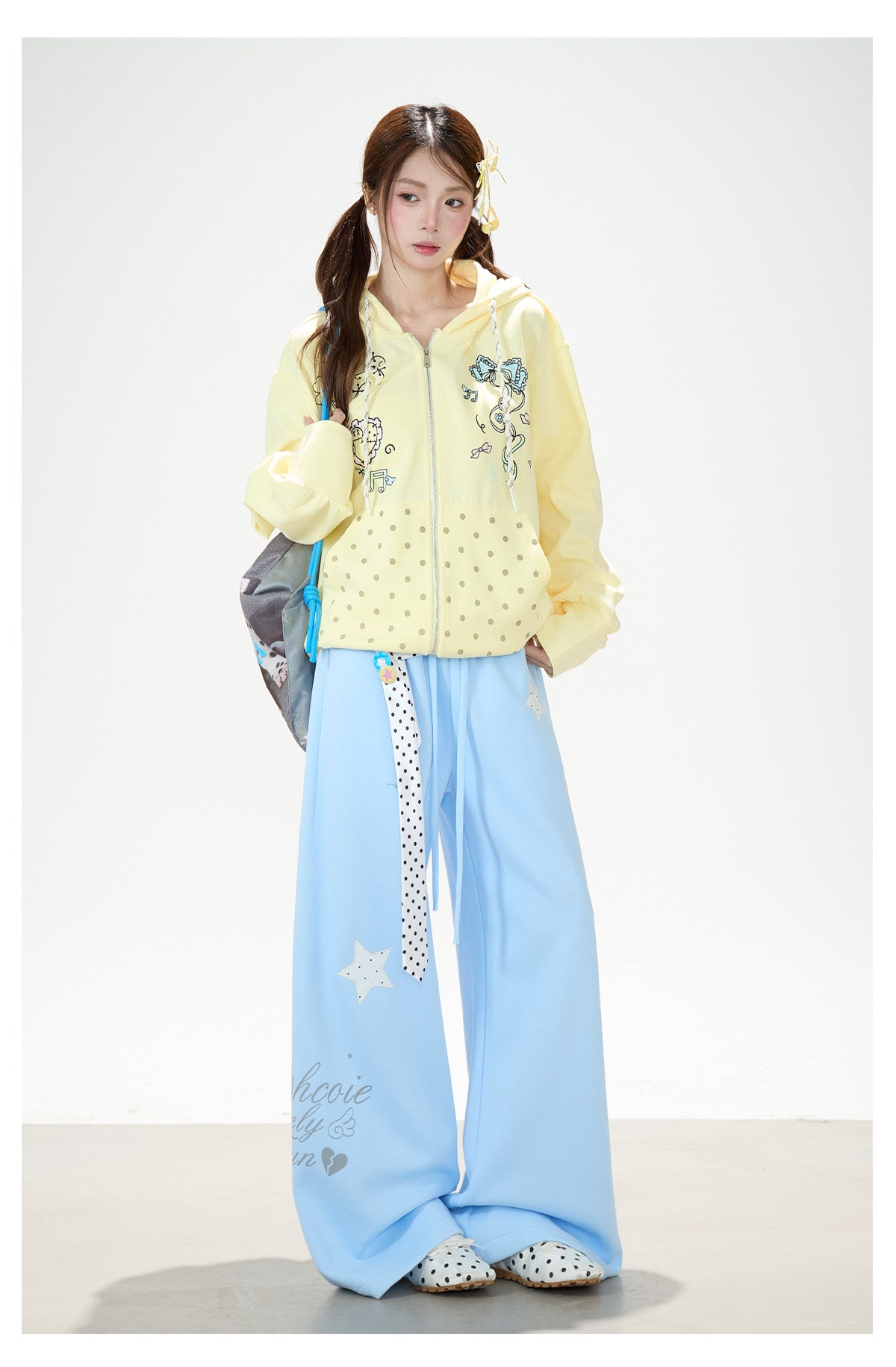 Bow Music Note Polka-Dot Zip-Up Hoodie & Blue Star Wide-Leg Pants
